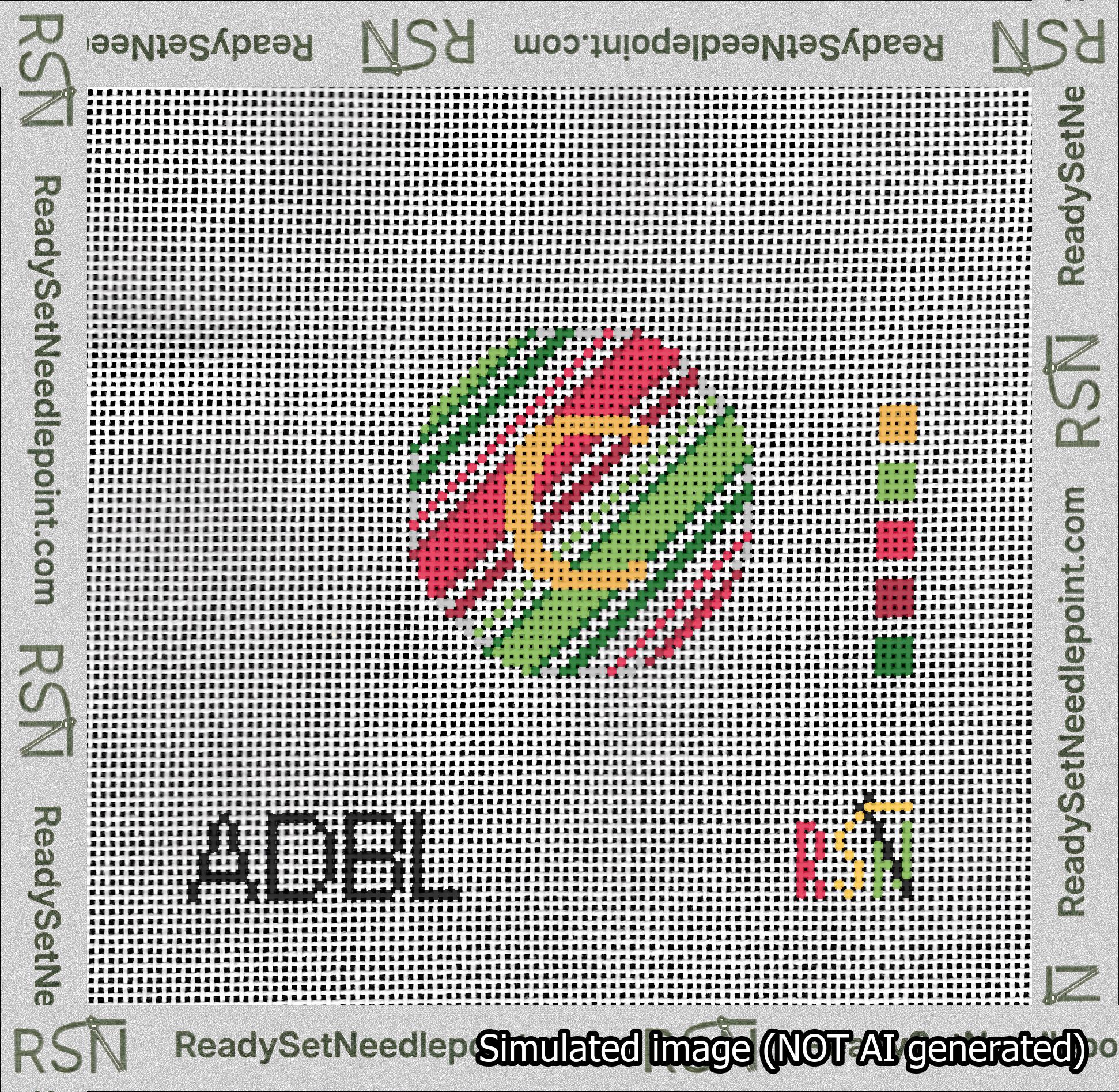 A taped needlepoint canvas with the design: Holiday Circle Initial C Font Gold Sans Serif Background Christmas Stripe.