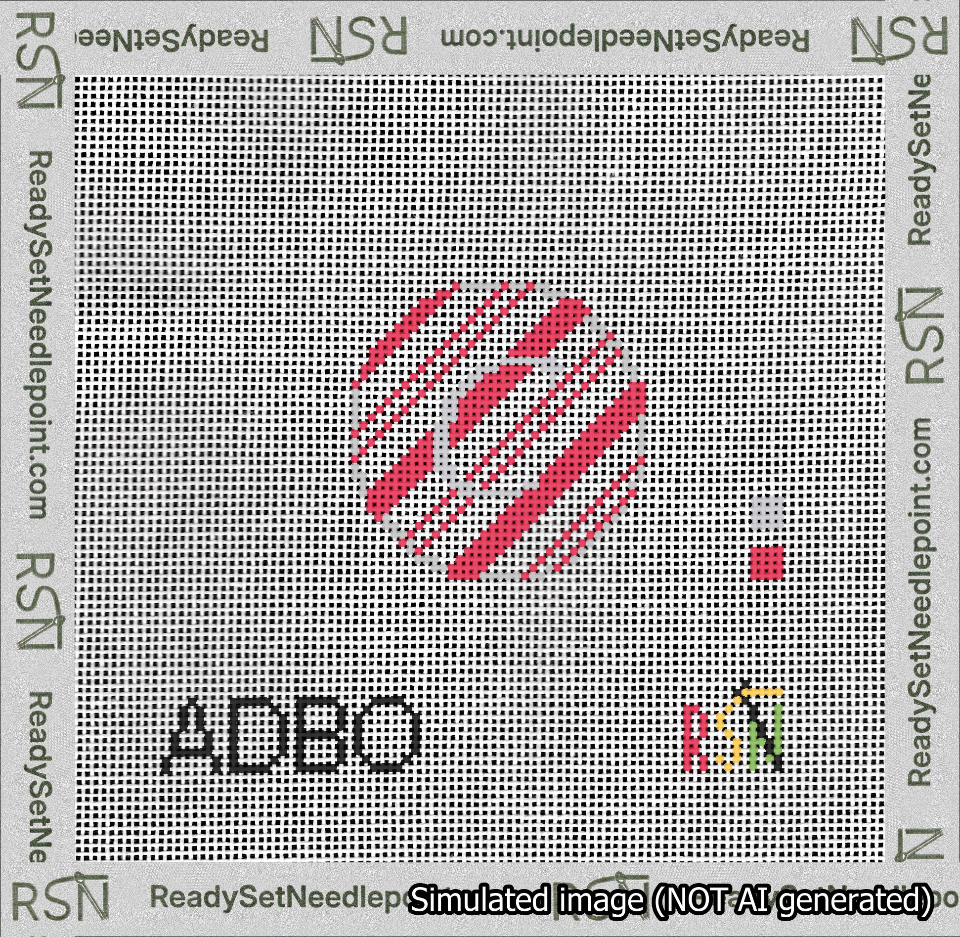 A taped needlepoint canvas with the design: Holiday Circle Initial C Font Silver Script Background Candy Cane Stripe.