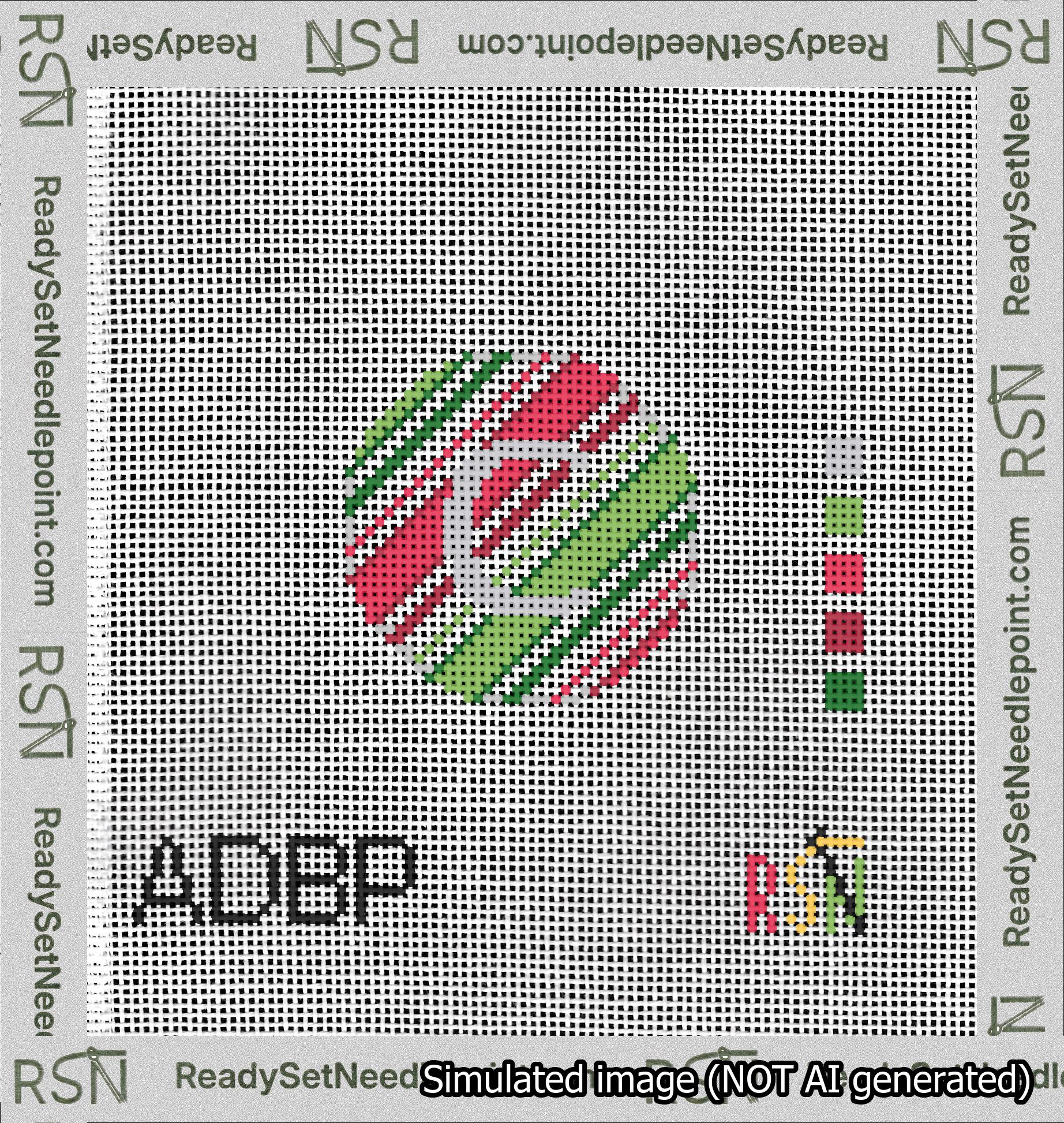 A taped needlepoint canvas with the design: Holiday Circle Initial C Font Silver Sans Serif Background Christmas Stripe.