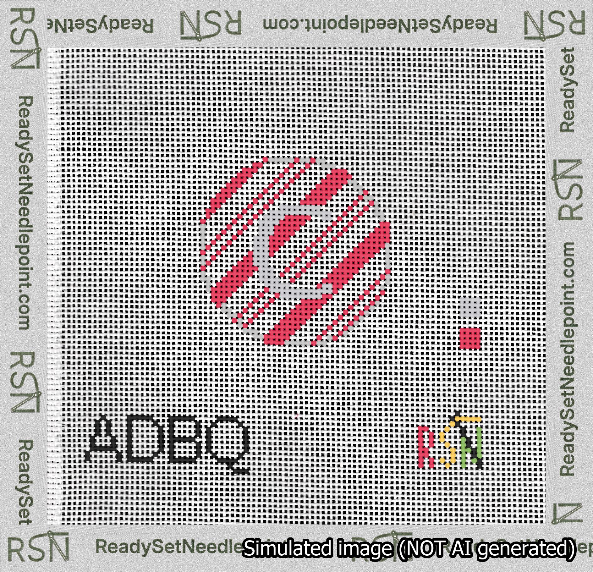 A taped needlepoint canvas with the design: Holiday Circle Initial C Font Silver Sans Serif Background Candy Cane Stripe.