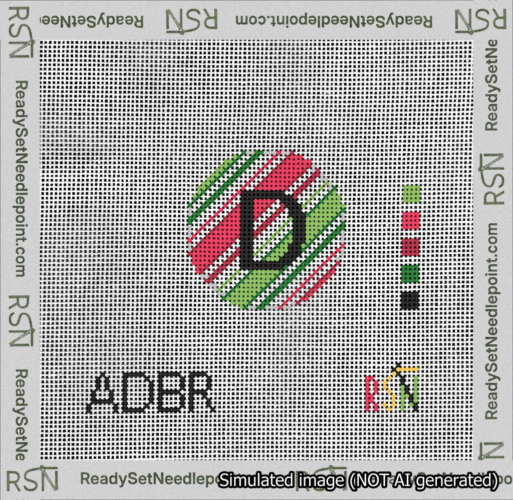 A taped needlepoint canvas with the design: Holiday Circle Initial D Font Black Sans Serif Background Christmas Stripe.