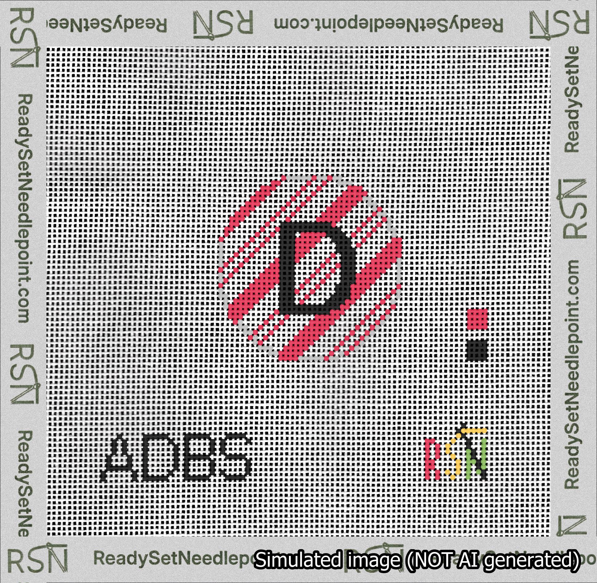 A taped needlepoint canvas with the design: Holiday Circle Initial D Font Black Sans Serif Background Candy Cane Stripe.