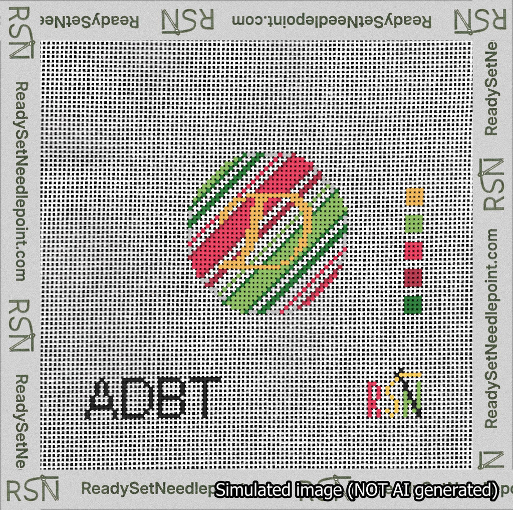 A taped needlepoint canvas with the design: Holiday Circle Initial D Font Gold Script Background Christmas Stripe.