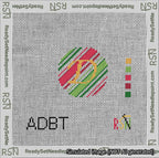 A taped needlepoint canvas with the design: Holiday Circle Initial D Font Gold Script Background Christmas Stripe.