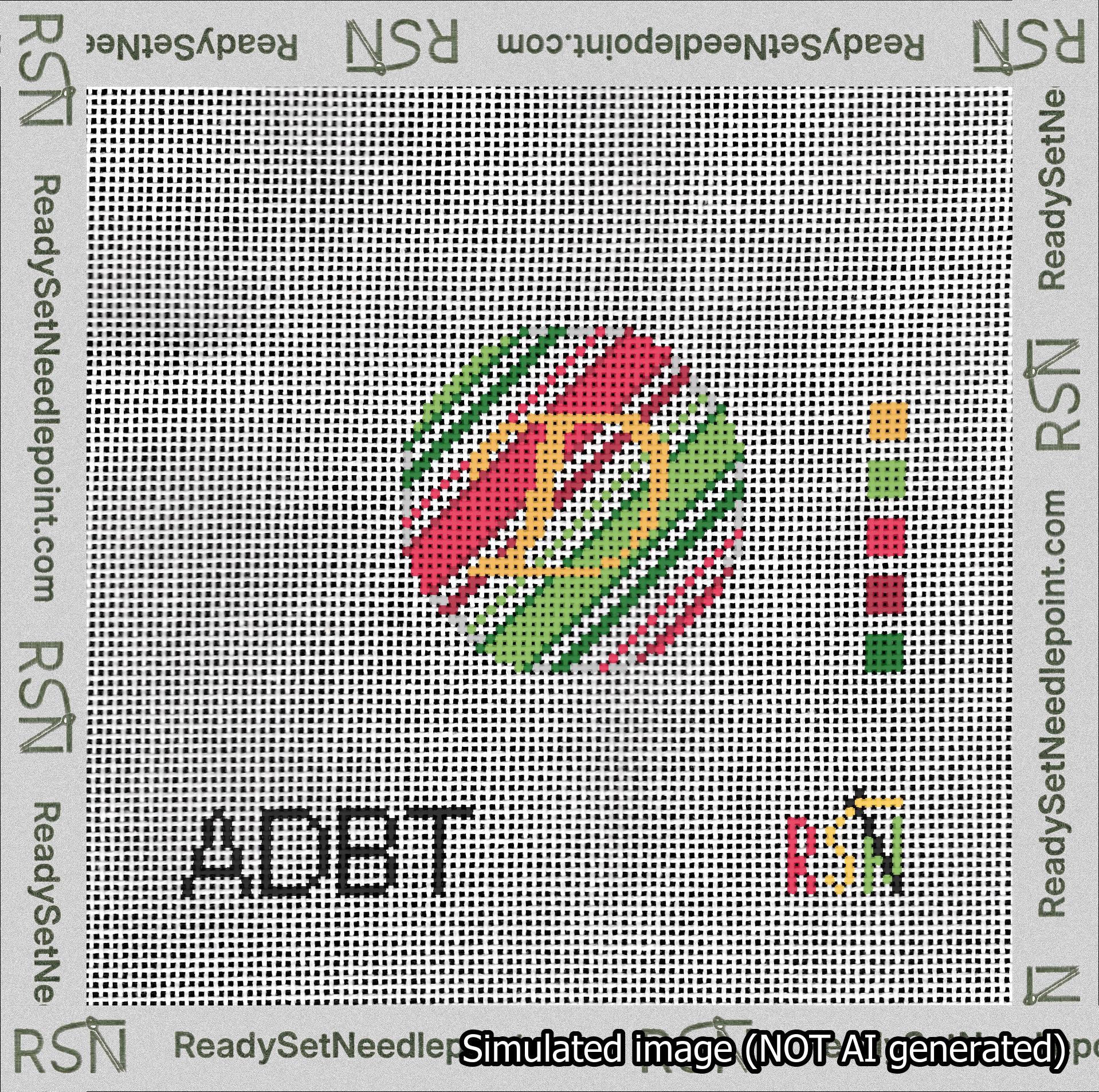 A taped needlepoint canvas with the design: Holiday Circle Initial D Font Gold Script Background Christmas Stripe.
