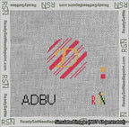 A taped needlepoint canvas with the design: Holiday Circle Initial D Font Gold Script Background Candy Cane Stripe.