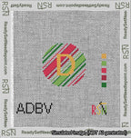 A taped needlepoint canvas with the design: Holiday Circle Initial D Font Gold Sans Serif Background Christmas Stripe.