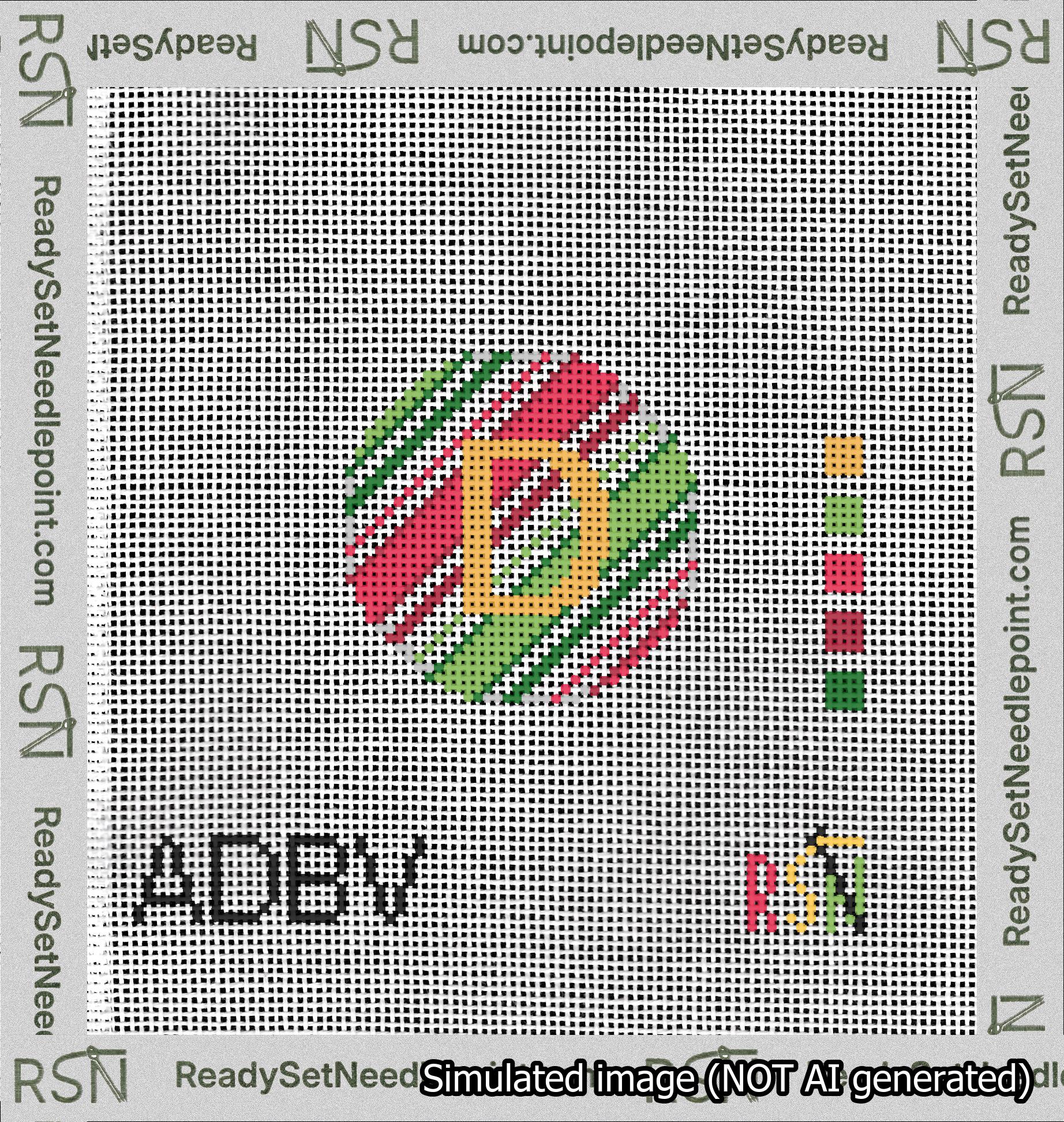 A taped needlepoint canvas with the design: Holiday Circle Initial D Font Gold Sans Serif Background Christmas Stripe.