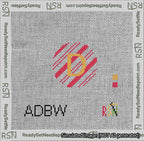 A taped needlepoint canvas with the design: Holiday Circle Initial D Font Gold Sans Serif Background Candy Cane Stripe.