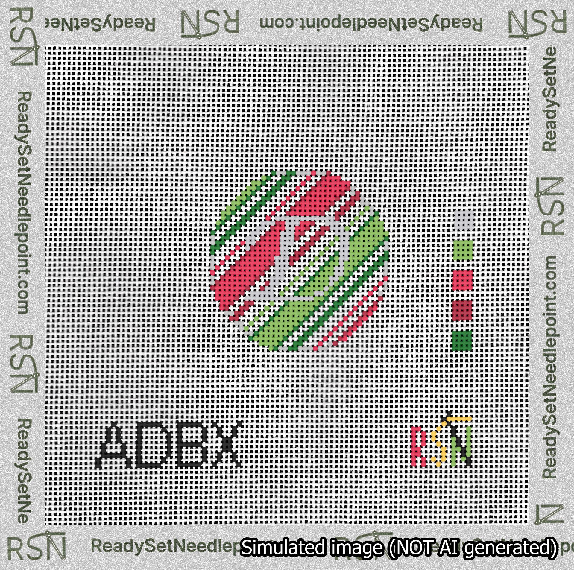 A taped needlepoint canvas with the design: Holiday Circle Initial D Font Silver Script Background Christmas Stripe.