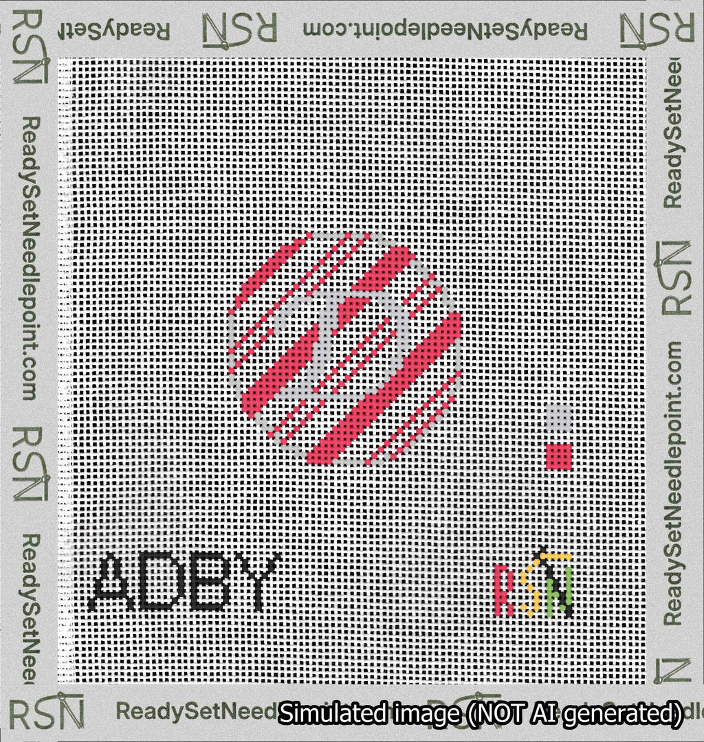 A taped needlepoint canvas with the design: Holiday Circle Initial D Font Silver Script Background Candy Cane Stripe.
