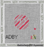 A taped needlepoint canvas with the design: Holiday Circle Initial D Font Silver Script Background Candy Cane Stripe.