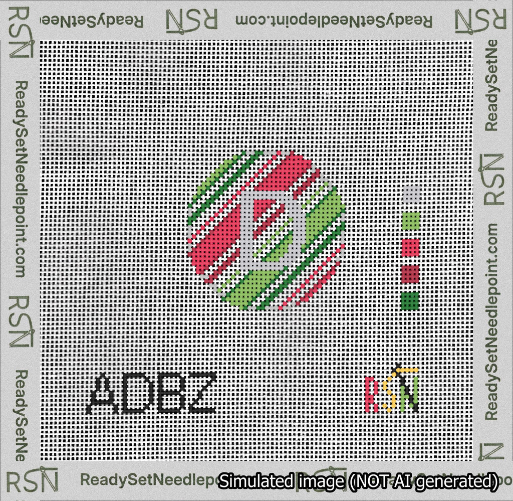 A taped needlepoint canvas with the design: Holiday Circle Initial D Font Silver Sans Serif Background Christmas Stripe.