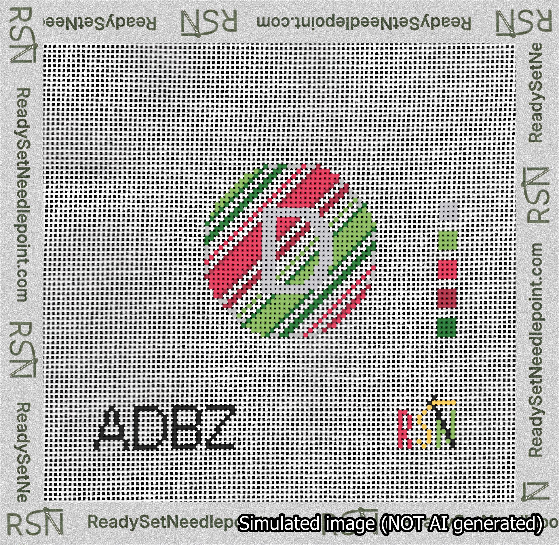 A taped needlepoint canvas with the design: Holiday Circle Initial D Font Silver Sans Serif Background Christmas Stripe.