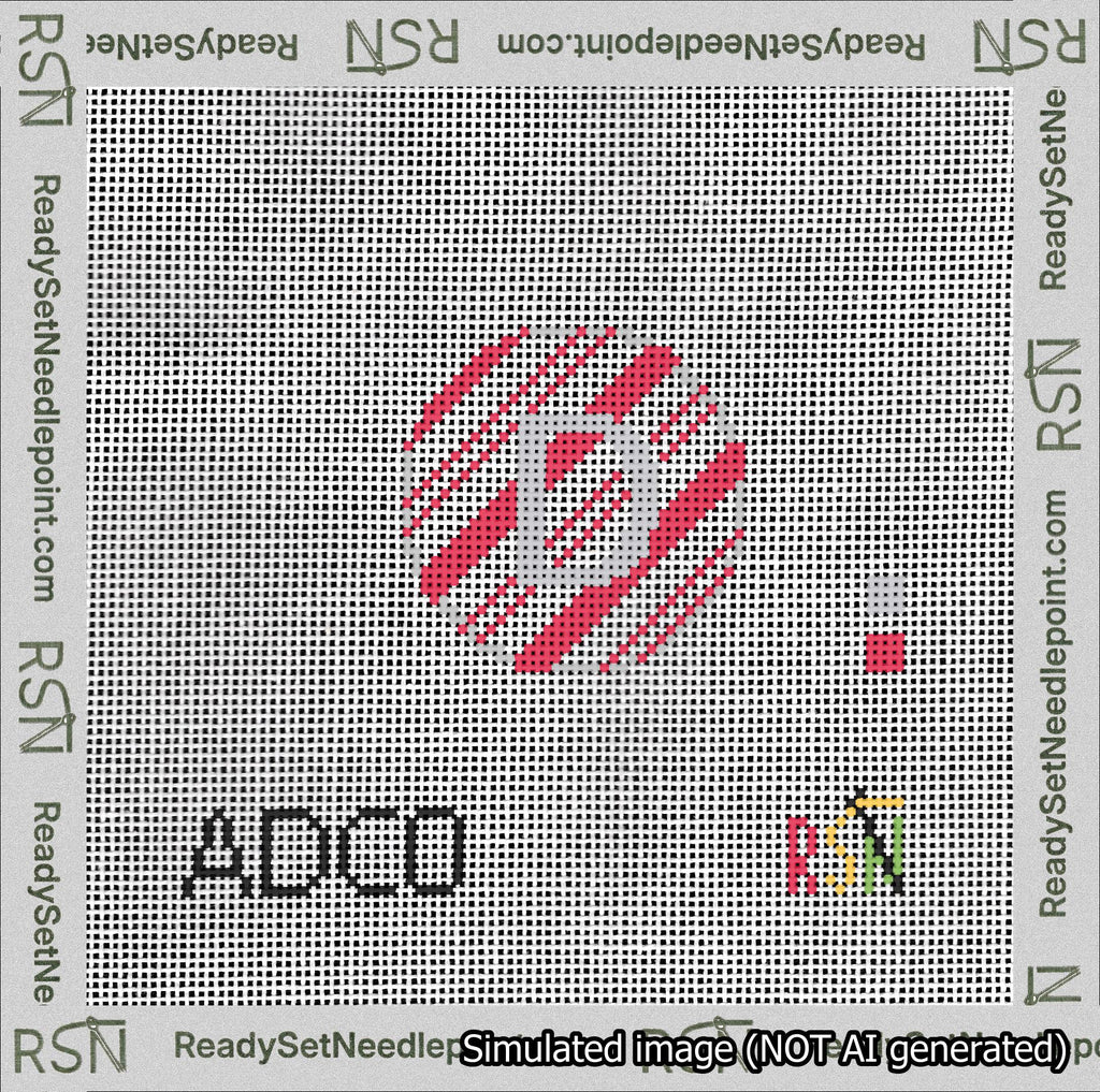 A taped needlepoint canvas with the design: Holiday Circle Initial D Font Silver Sans Serif Background Candy Cane Stripe.