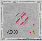A taped needlepoint canvas with the design: Holiday Circle Initial D Font Silver Sans Serif Background Candy Cane Stripe.
