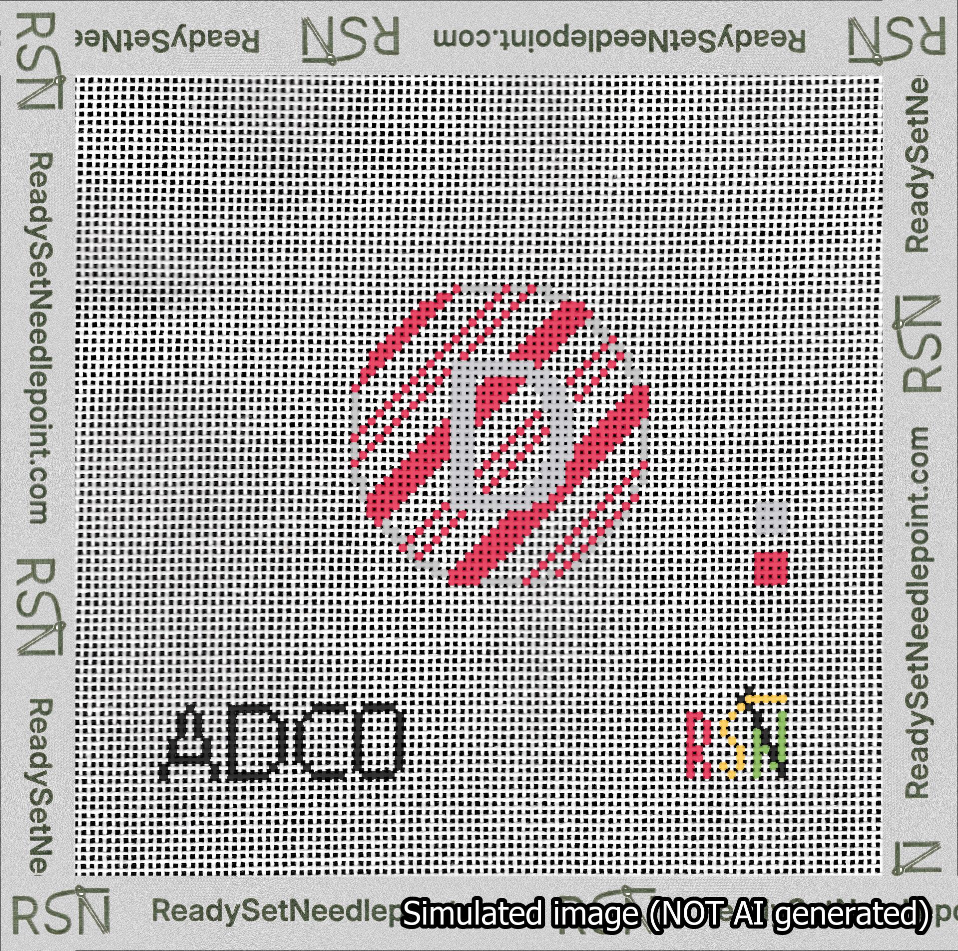 A taped needlepoint canvas with the design: Holiday Circle Initial D Font Silver Sans Serif Background Candy Cane Stripe.