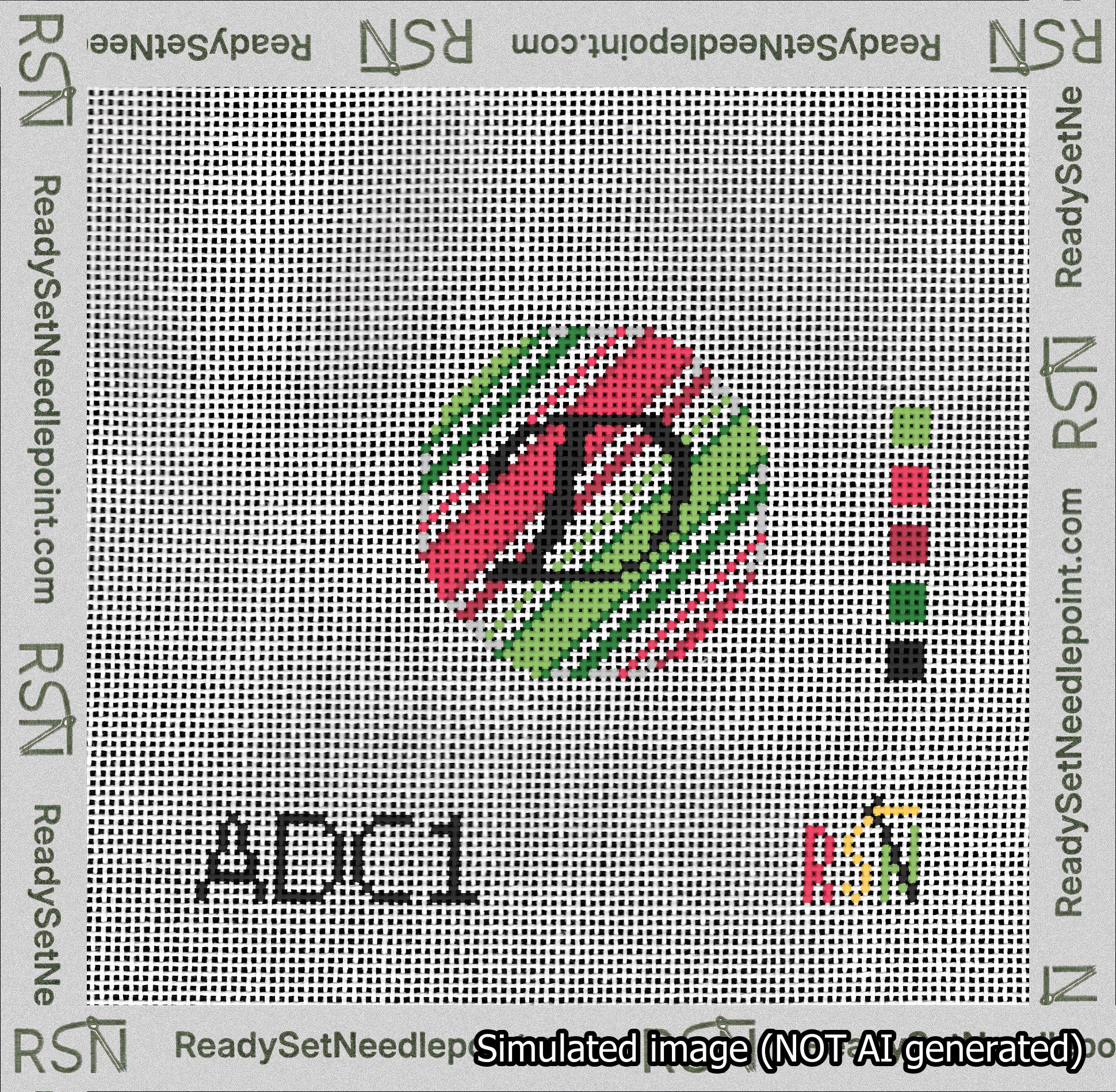 A taped needlepoint canvas with the design: Holiday Circle Initial D Font Black Script Background Christmas Stripe.