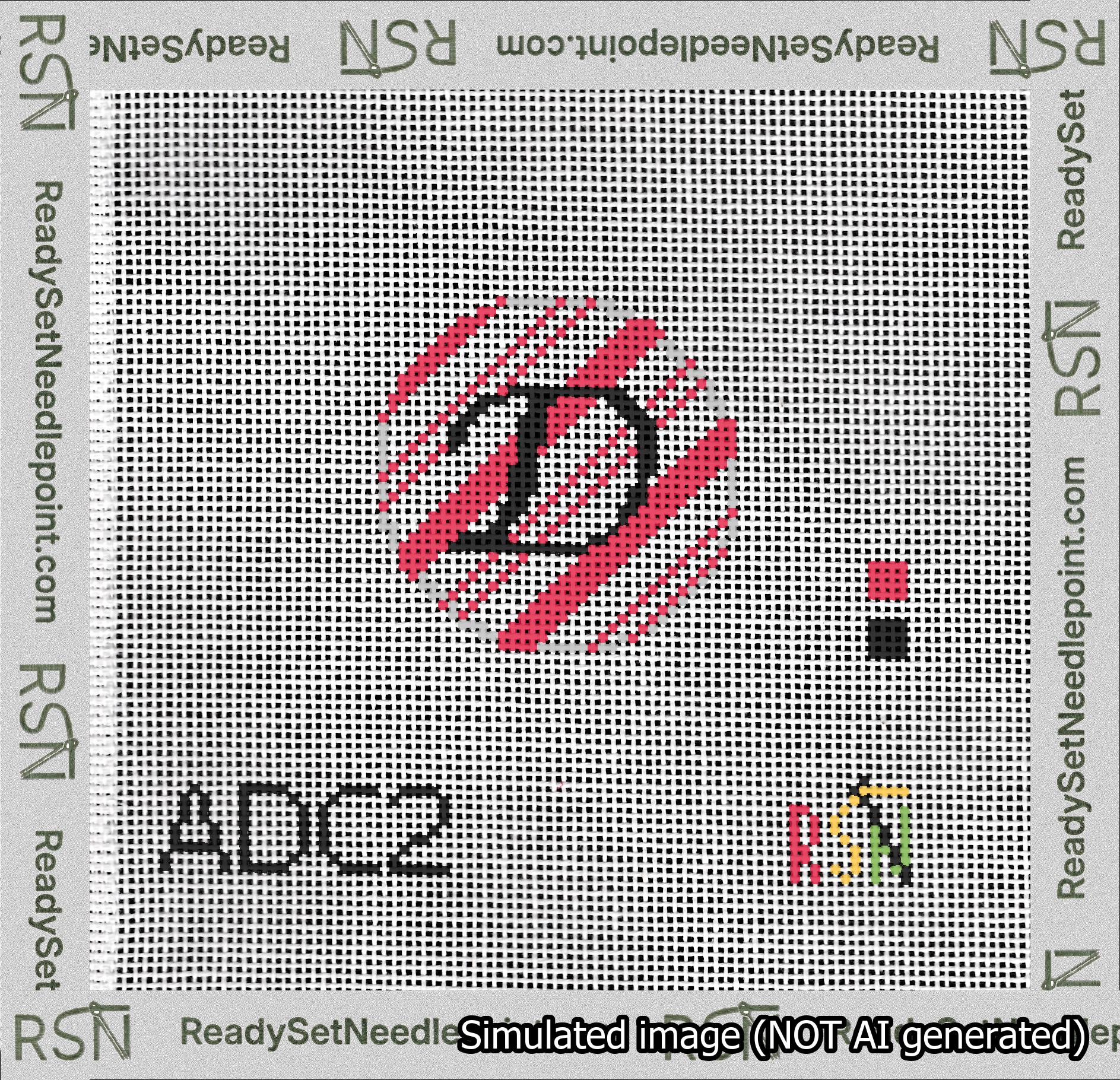 A taped needlepoint canvas with the design: Holiday Circle Initial D Font Black Script Background Candy Cane Stripe.