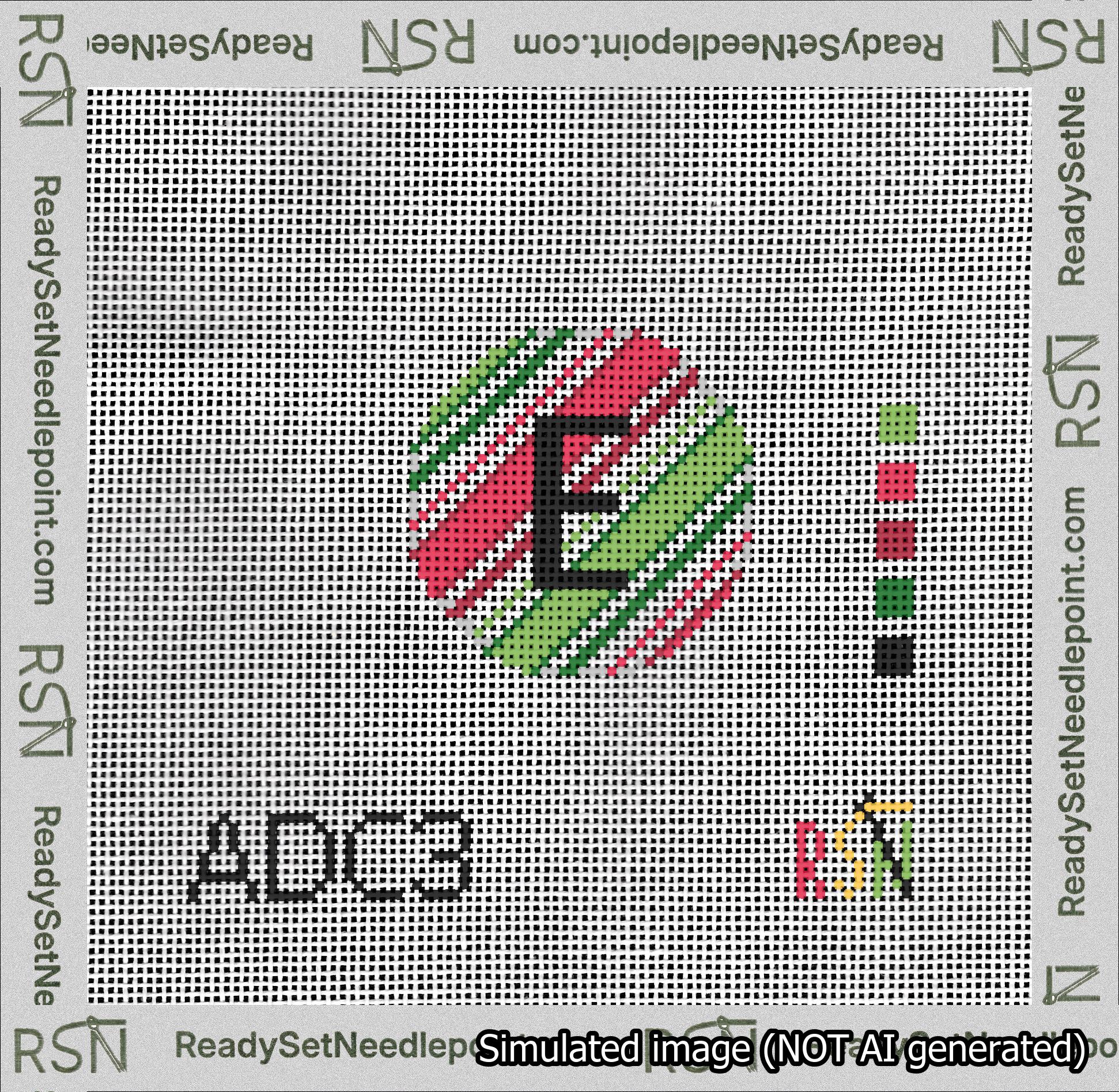 A taped needlepoint canvas with the design: Holiday Circle Initial E Font Black Sans Serif Background Christmas Stripe.