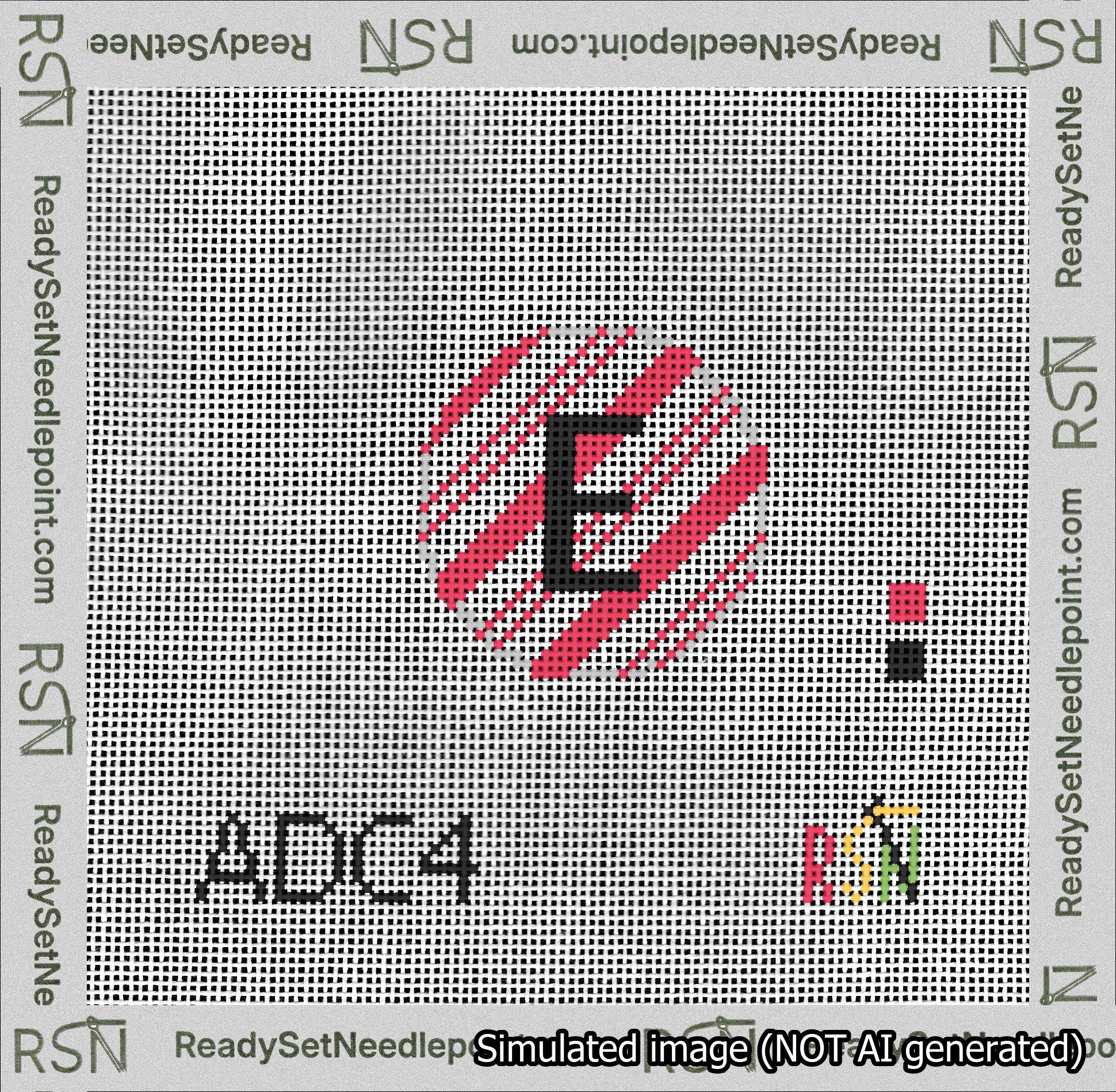 A taped needlepoint canvas with the design: Holiday Circle Initial E Font Black Sans Serif Background Candy Cane Stripe.