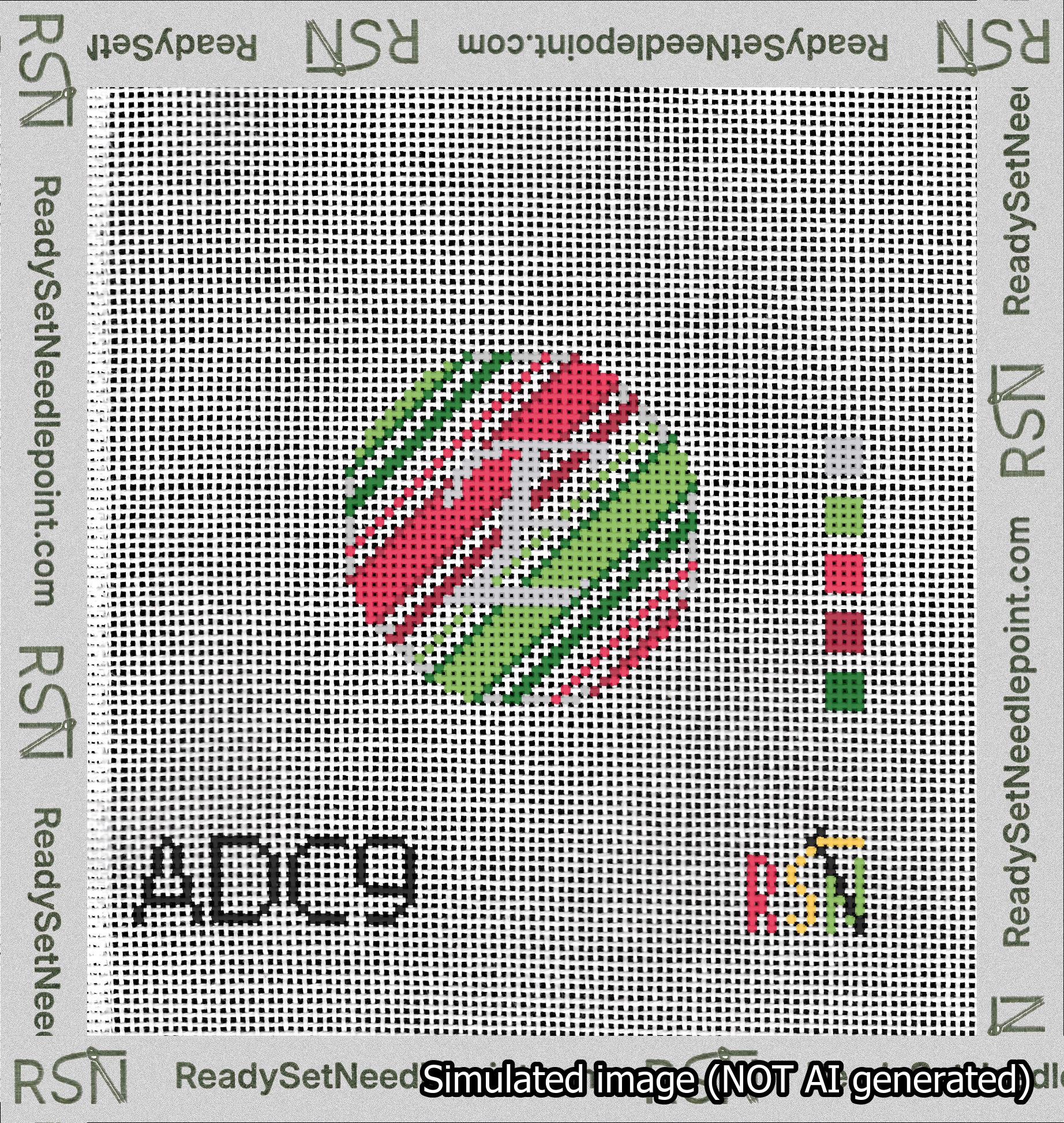 A taped needlepoint canvas with the design: Holiday Circle Initial E Font Silver Script Background Christmas Stripe.