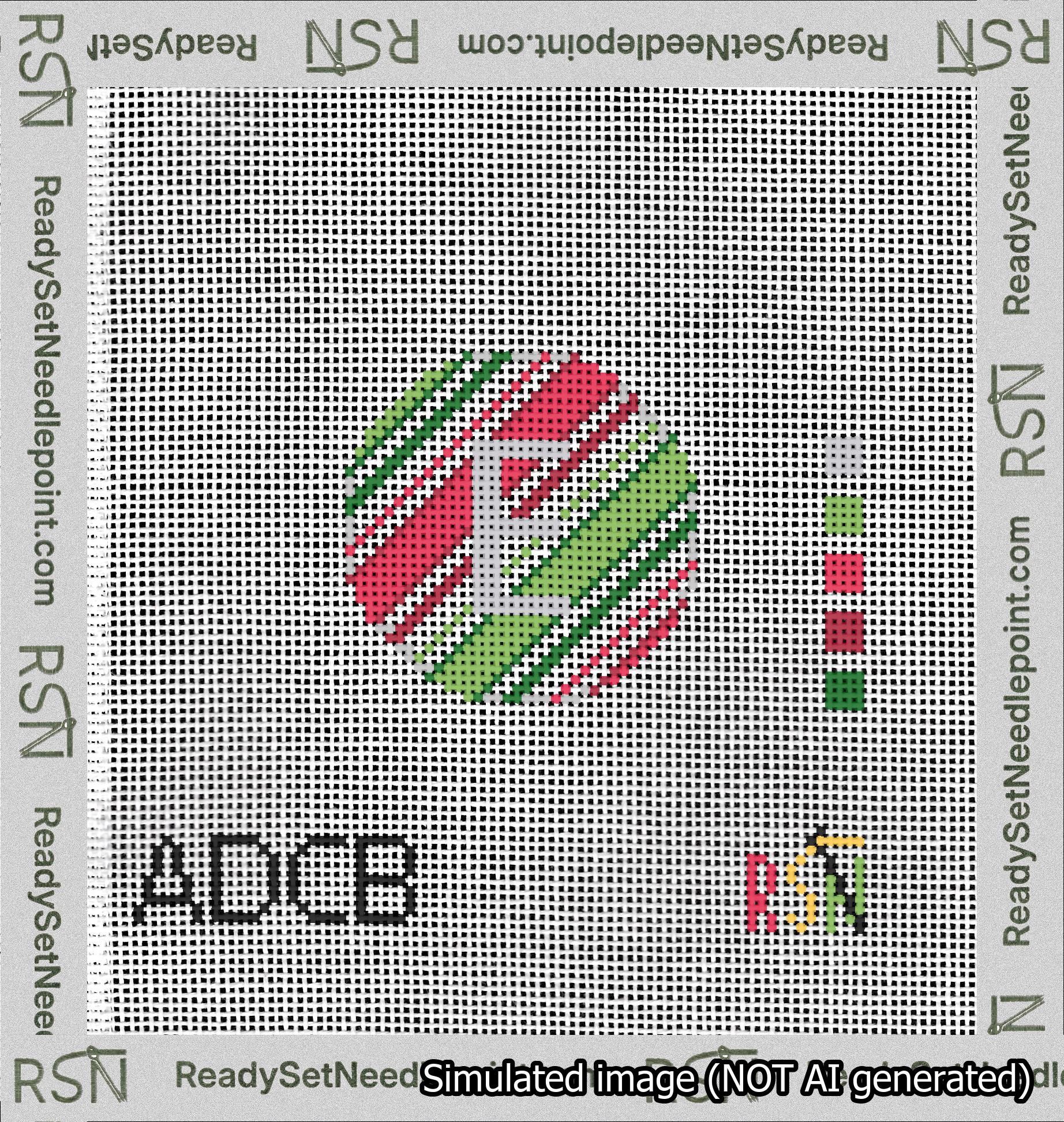 A taped needlepoint canvas with the design: Holiday Circle Initial E Font Silver Sans Serif Background Christmas Stripe.
