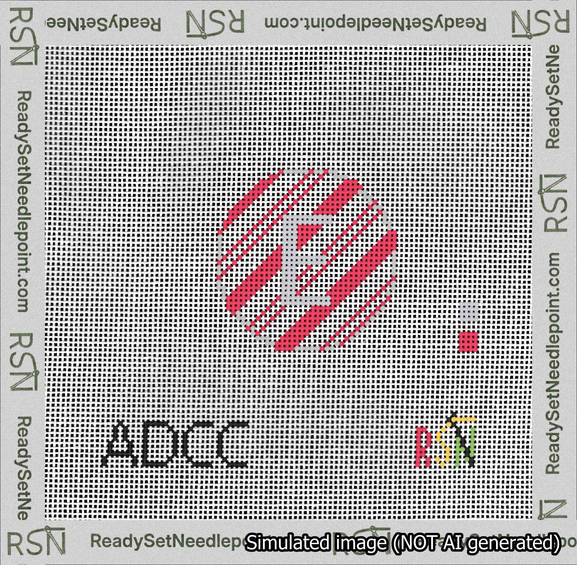 A taped needlepoint canvas with the design: Holiday Circle Initial E Font Silver Sans Serif Background Candy Cane Stripe.