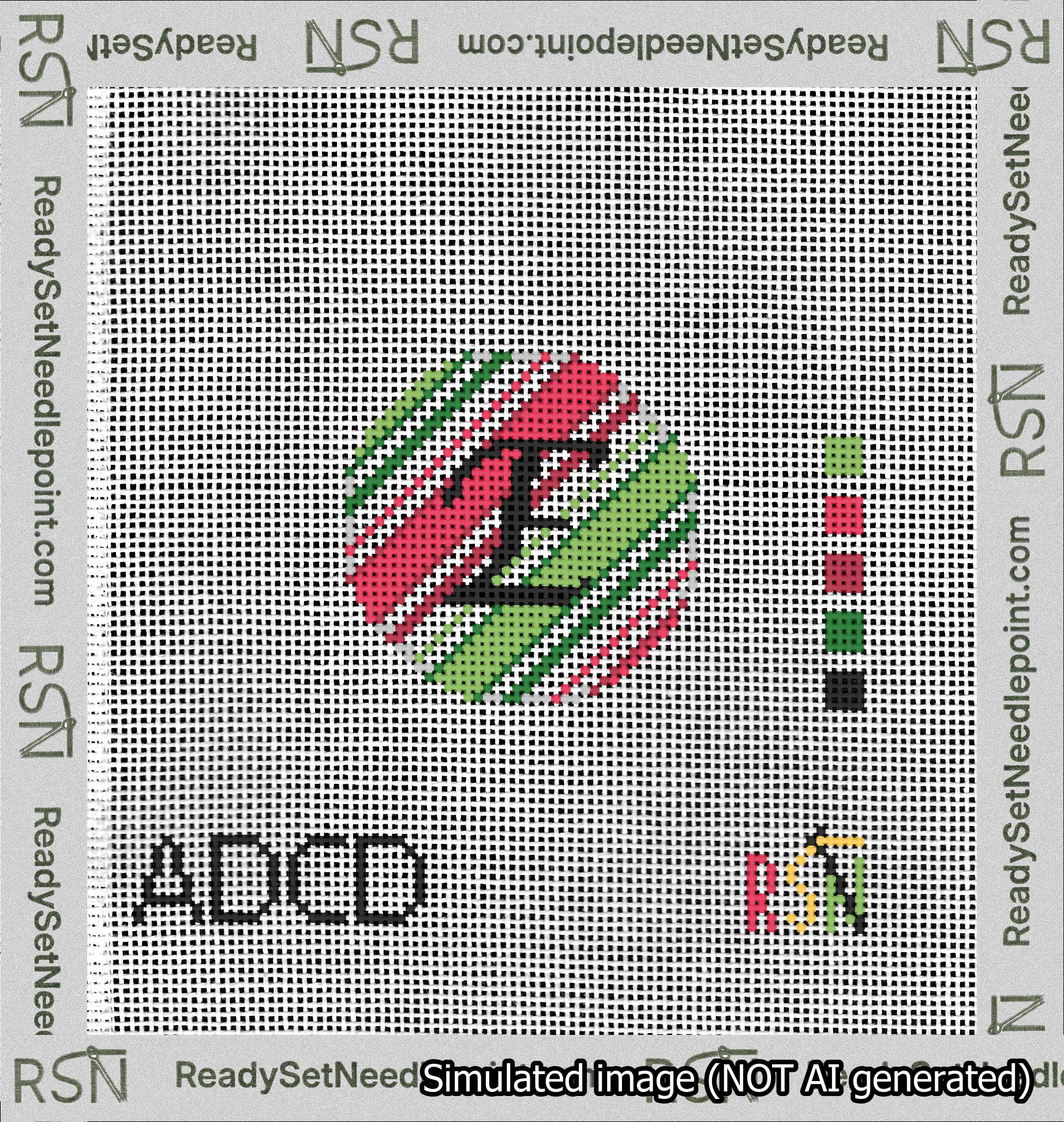 A taped needlepoint canvas with the design: Holiday Circle Initial E Font Black Script Background Christmas Stripe.