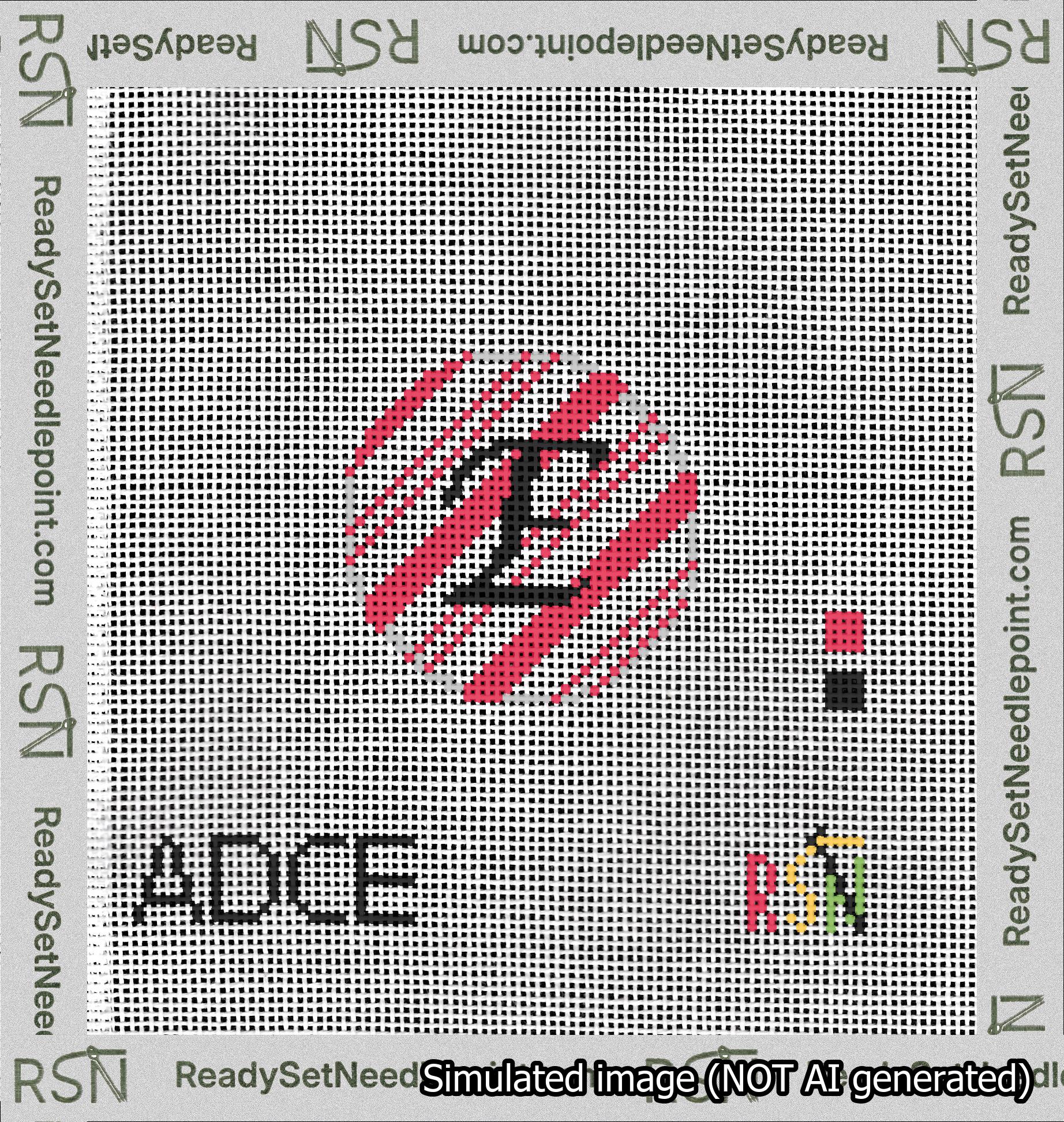 A taped needlepoint canvas with the design: Holiday Circle Initial E Font Black Script Background Candy Cane Stripe.