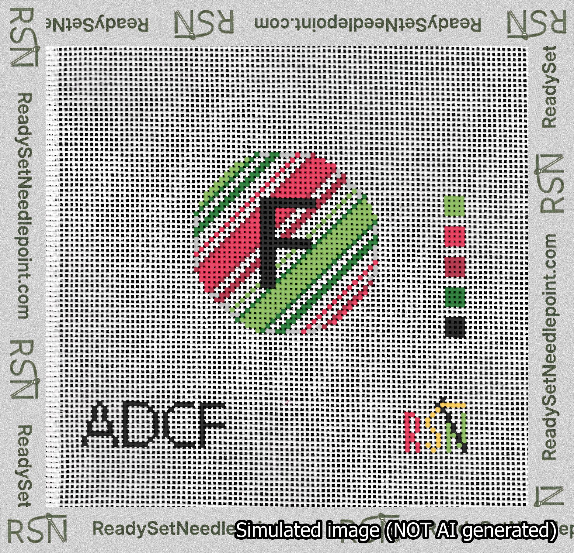 A taped needlepoint canvas with the design: Holiday Circle Initial F Font Black Sans Serif Background Christmas Stripe.