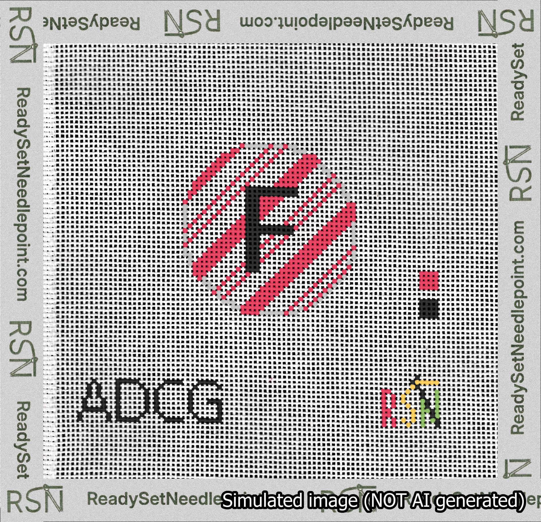 A taped needlepoint canvas with the design: Holiday Circle Initial F Font Black Sans Serif Background Candy Cane Stripe.