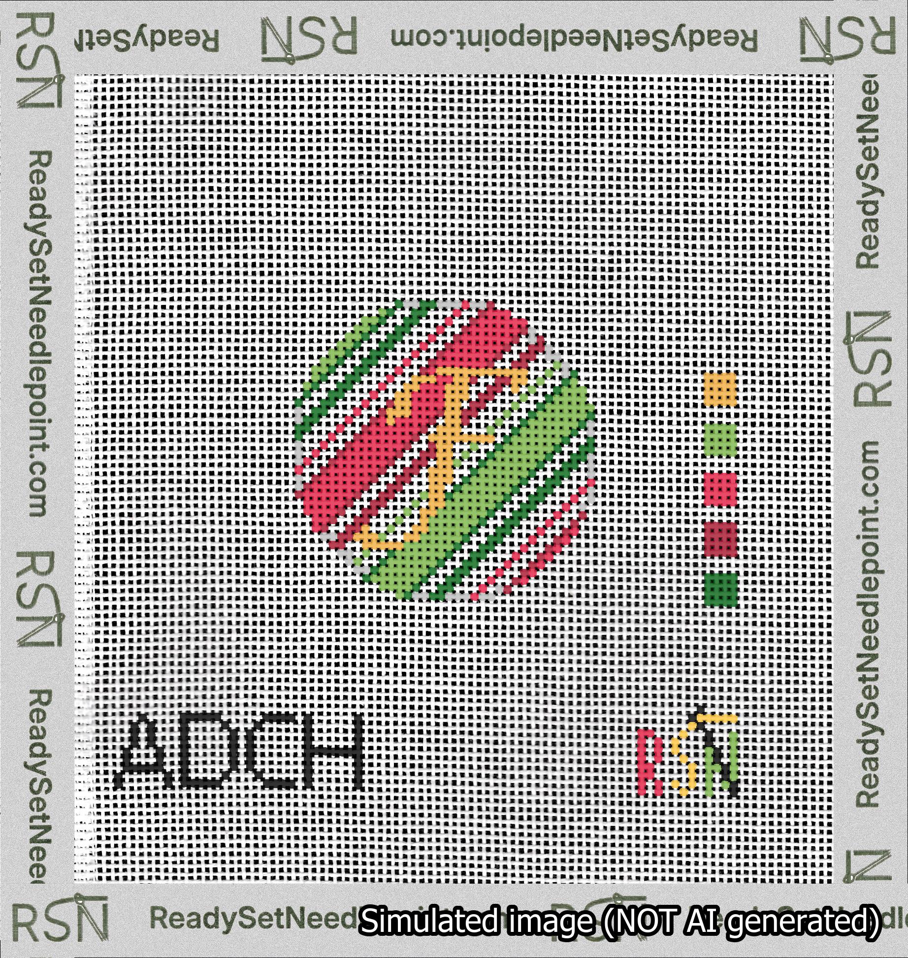 A taped needlepoint canvas with the design: Holiday Circle Initial F Font Gold Script Background Christmas Stripe.