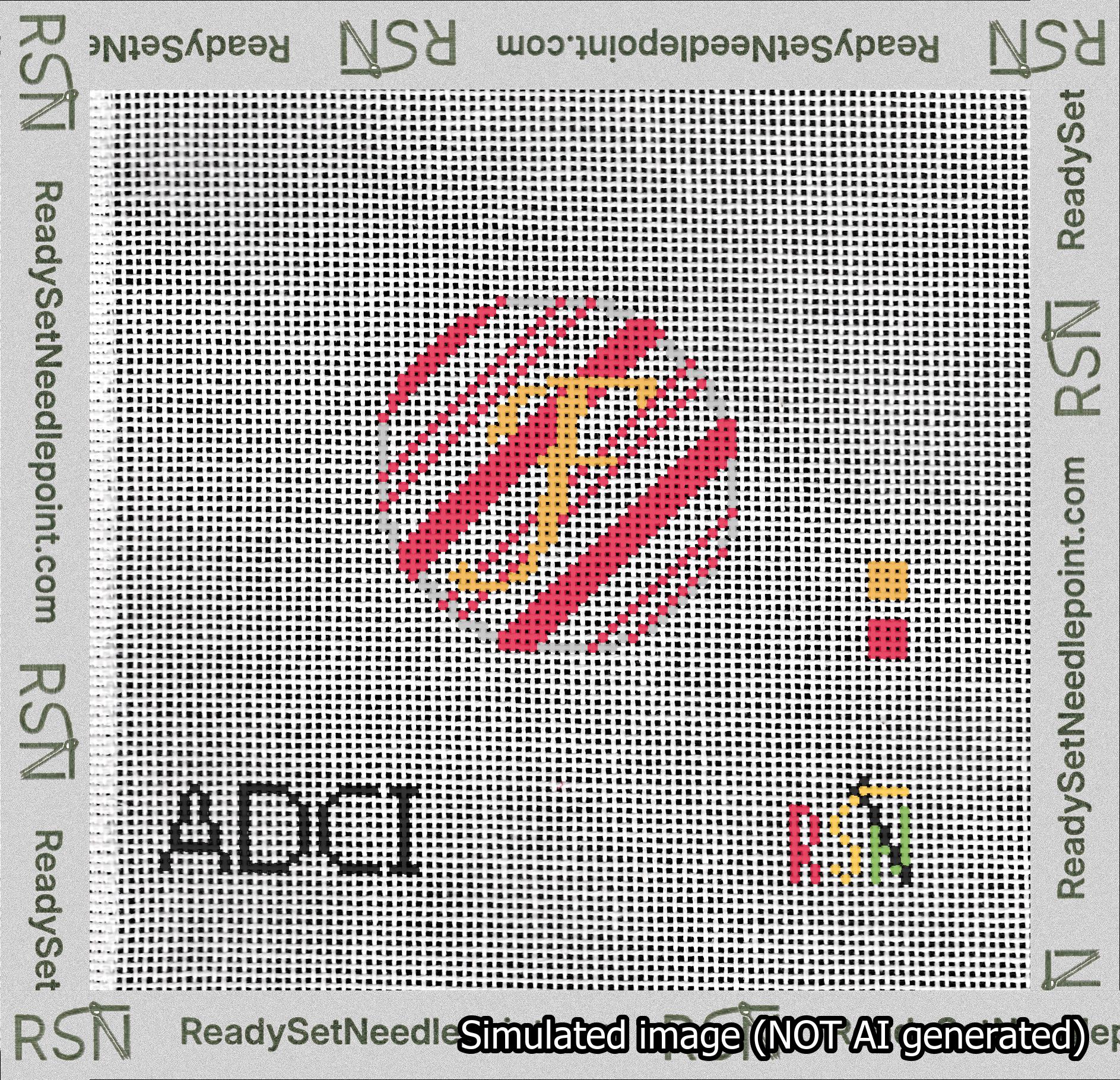 A taped needlepoint canvas with the design: Holiday Circle Initial F Font Gold Script Background Candy Cane Stripe.