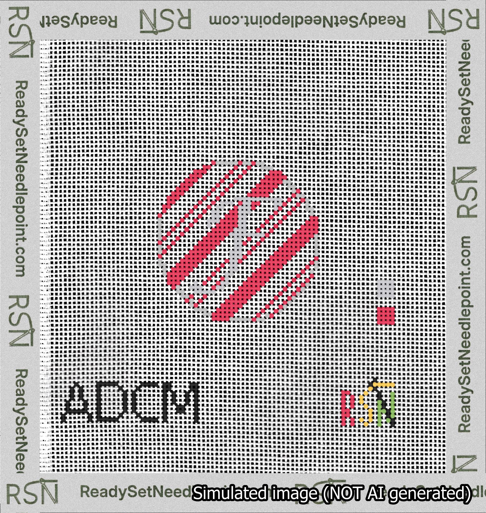 A taped needlepoint canvas with the design: Holiday Circle Initial F Font Silver Script Background Candy Cane Stripe.