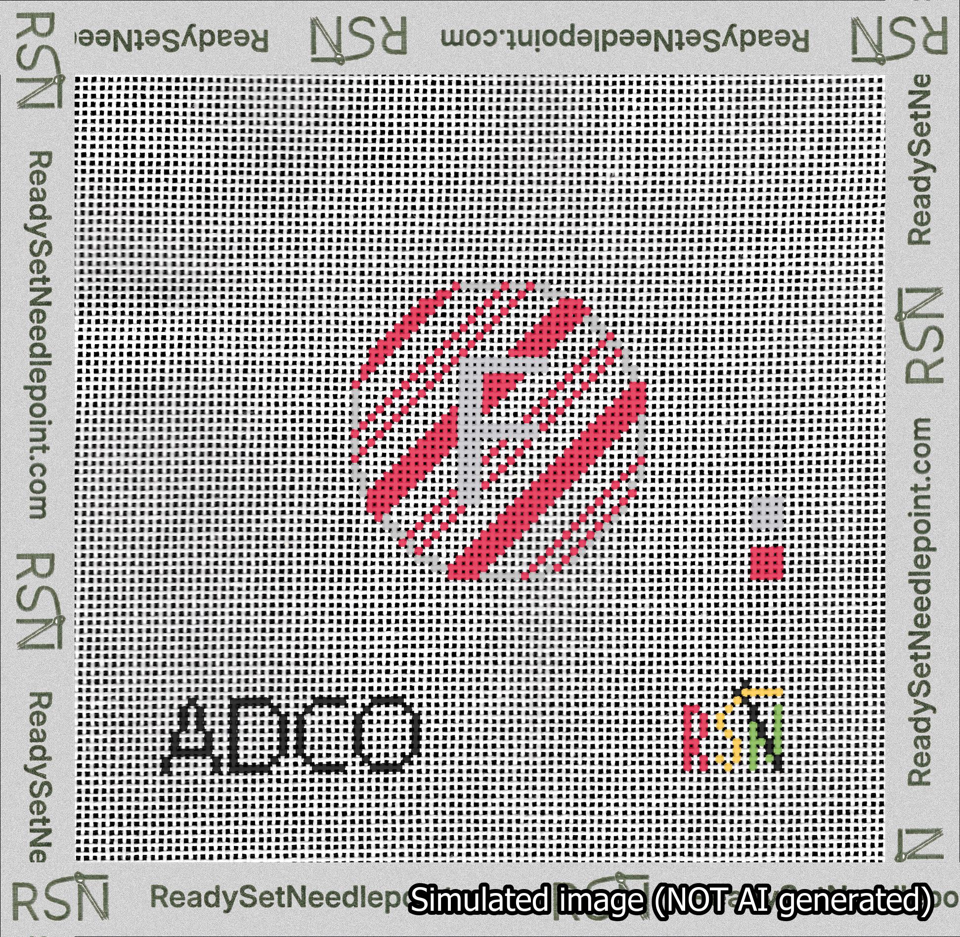 A taped needlepoint canvas with the design: Holiday Circle Initial F Font Silver Sans Serif Background Candy Cane Stripe.