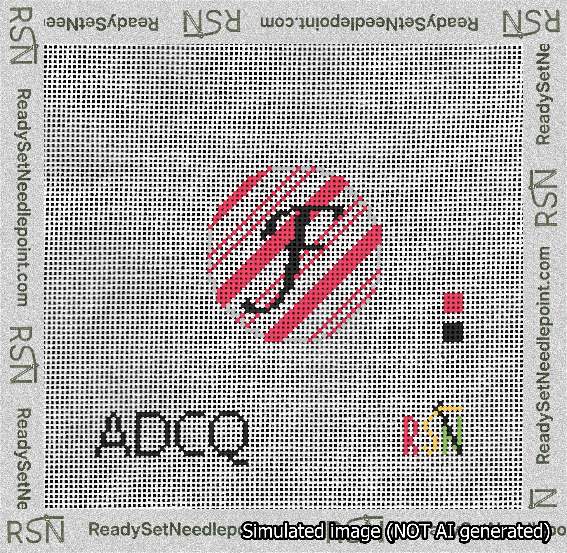 A taped needlepoint canvas with the design: Holiday Circle Initial F Font Black Script Background Candy Cane Stripe.