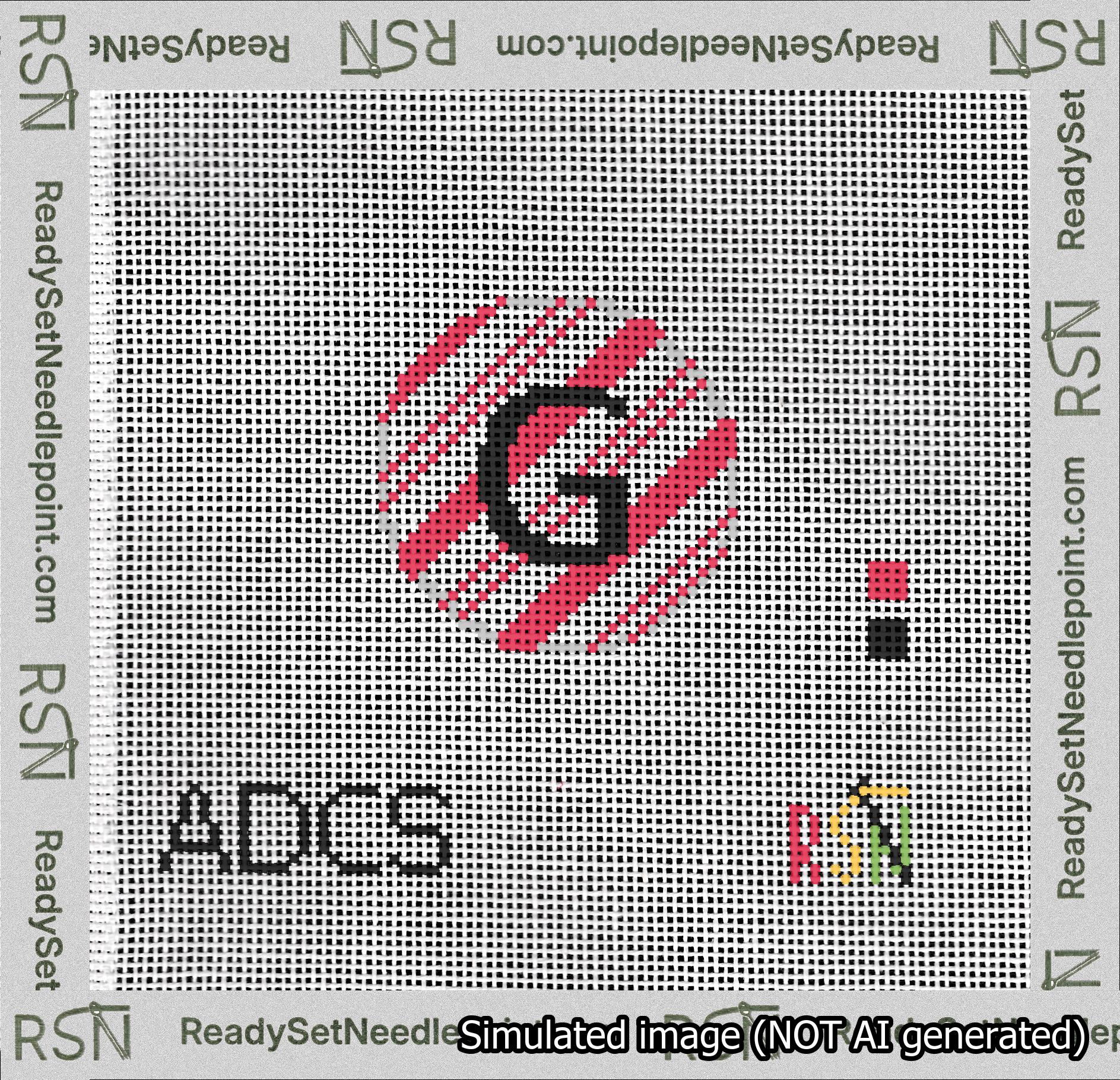 A taped needlepoint canvas with the design: Holiday Circle Initial G Font Black Sans Serif Background Candy Cane Stripe.