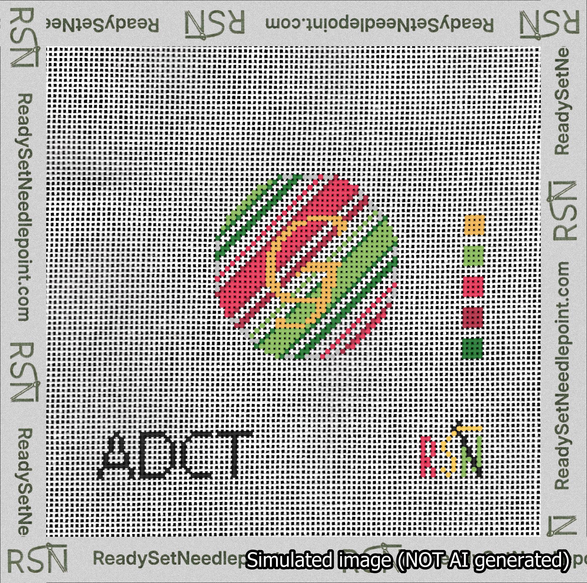 A taped needlepoint canvas with the design: Holiday Circle Initial G Font Gold Script Background Christmas Stripe.