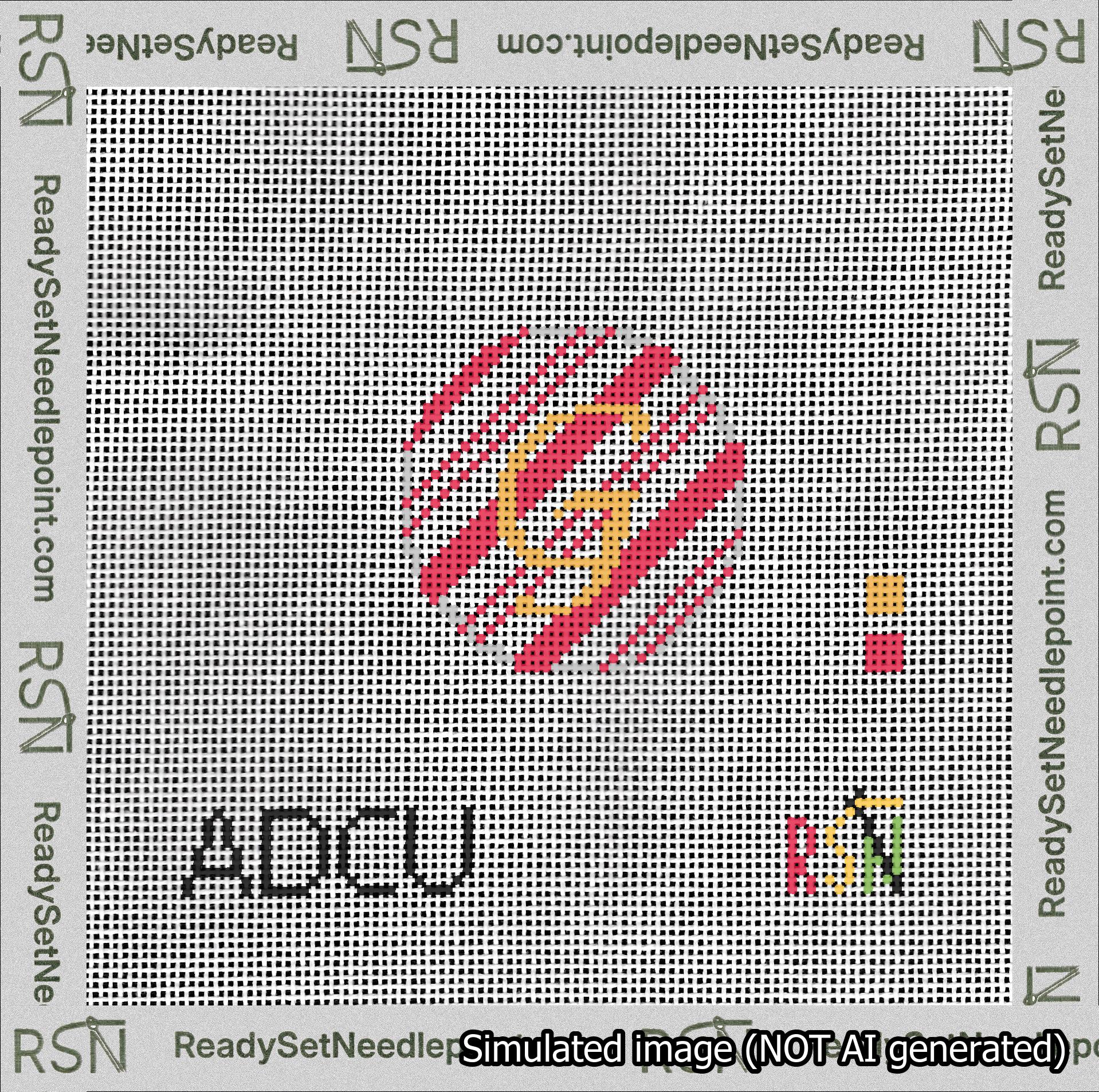 A taped needlepoint canvas with the design: Holiday Circle Initial G Font Gold Script Background Candy Cane Stripe.