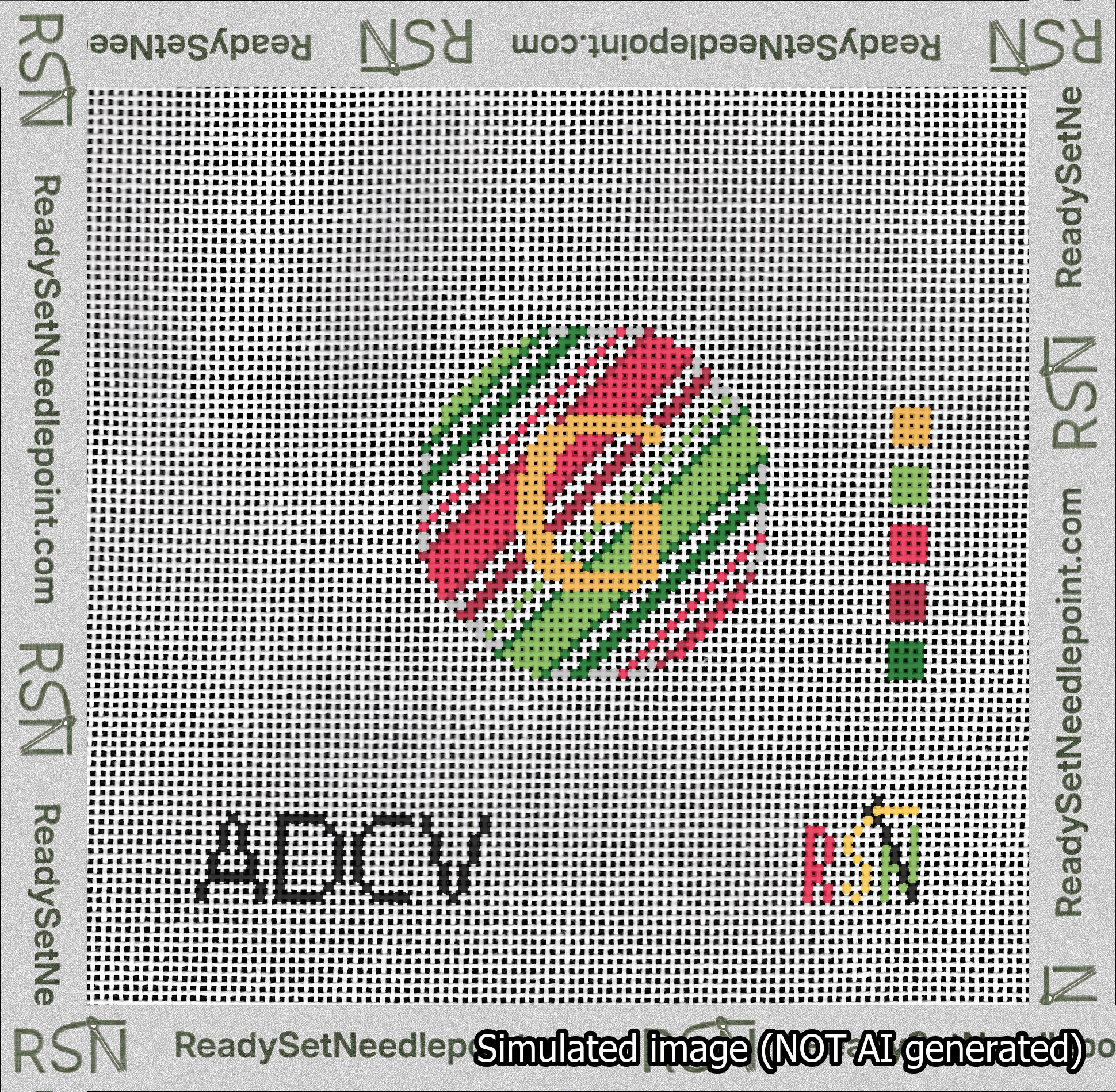 A taped needlepoint canvas with the design: Holiday Circle Initial G Font Gold Sans Serif Background Christmas Stripe.