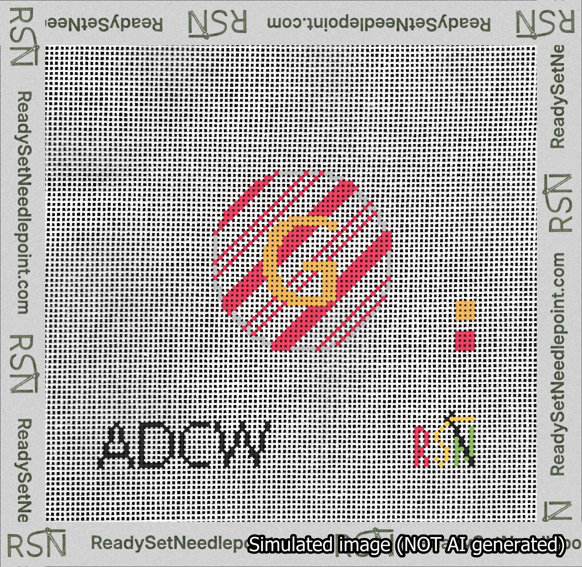 A taped needlepoint canvas with the design: Holiday Circle Initial G Font Gold Sans Serif Background Candy Cane Stripe.