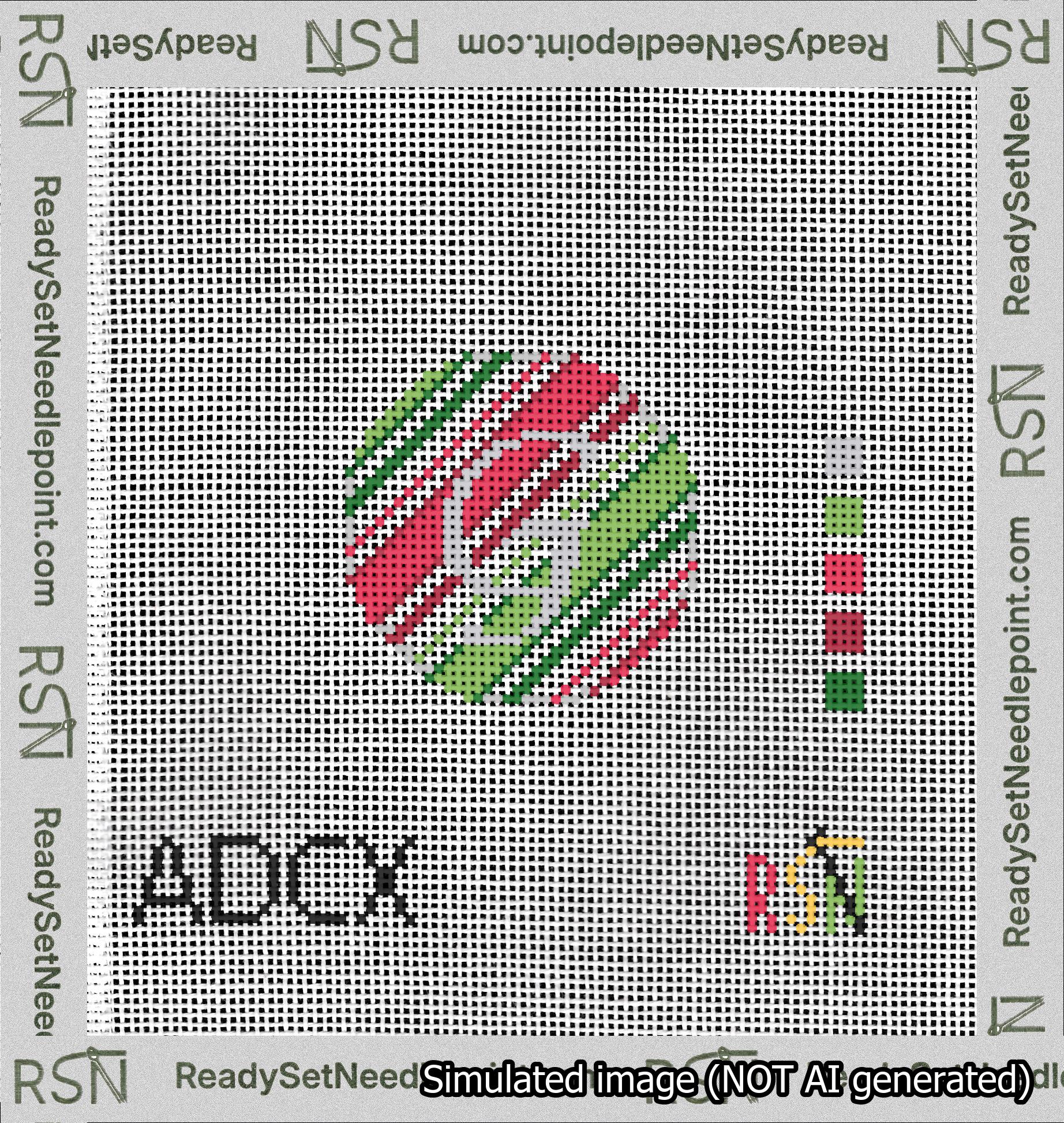 A taped needlepoint canvas with the design: Holiday Circle Initial G Font Silver Script Background Christmas Stripe.