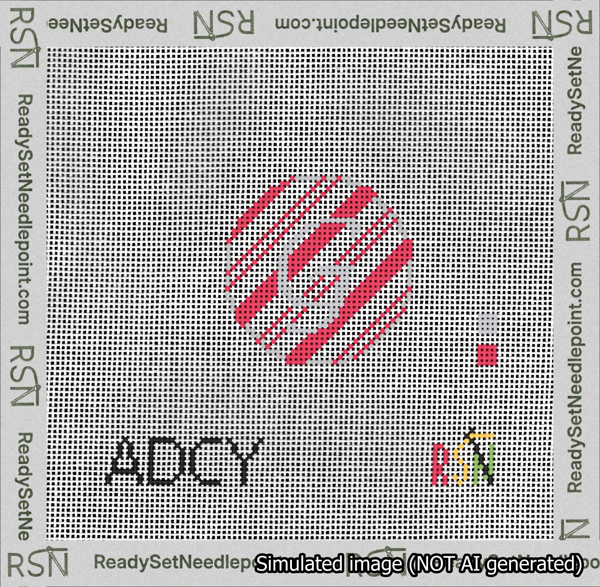 A taped needlepoint canvas with the design: Holiday Circle Initial G Font Silver Script Background Candy Cane Stripe.