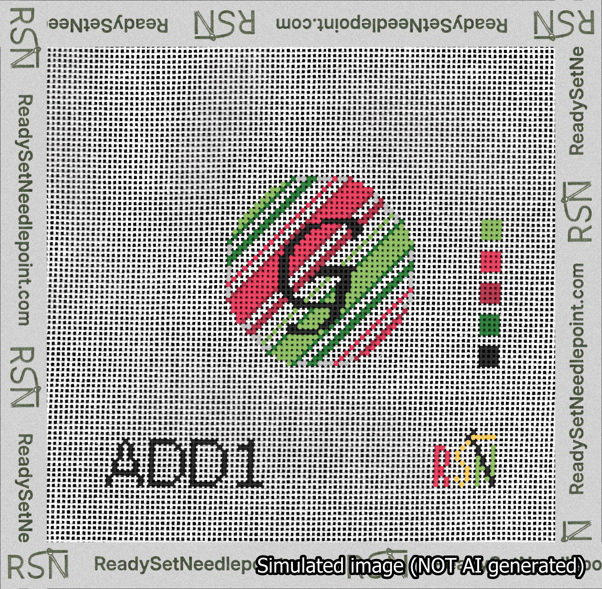 A taped needlepoint canvas with the design: Holiday Circle Initial G Font Black Script Background Christmas Stripe.