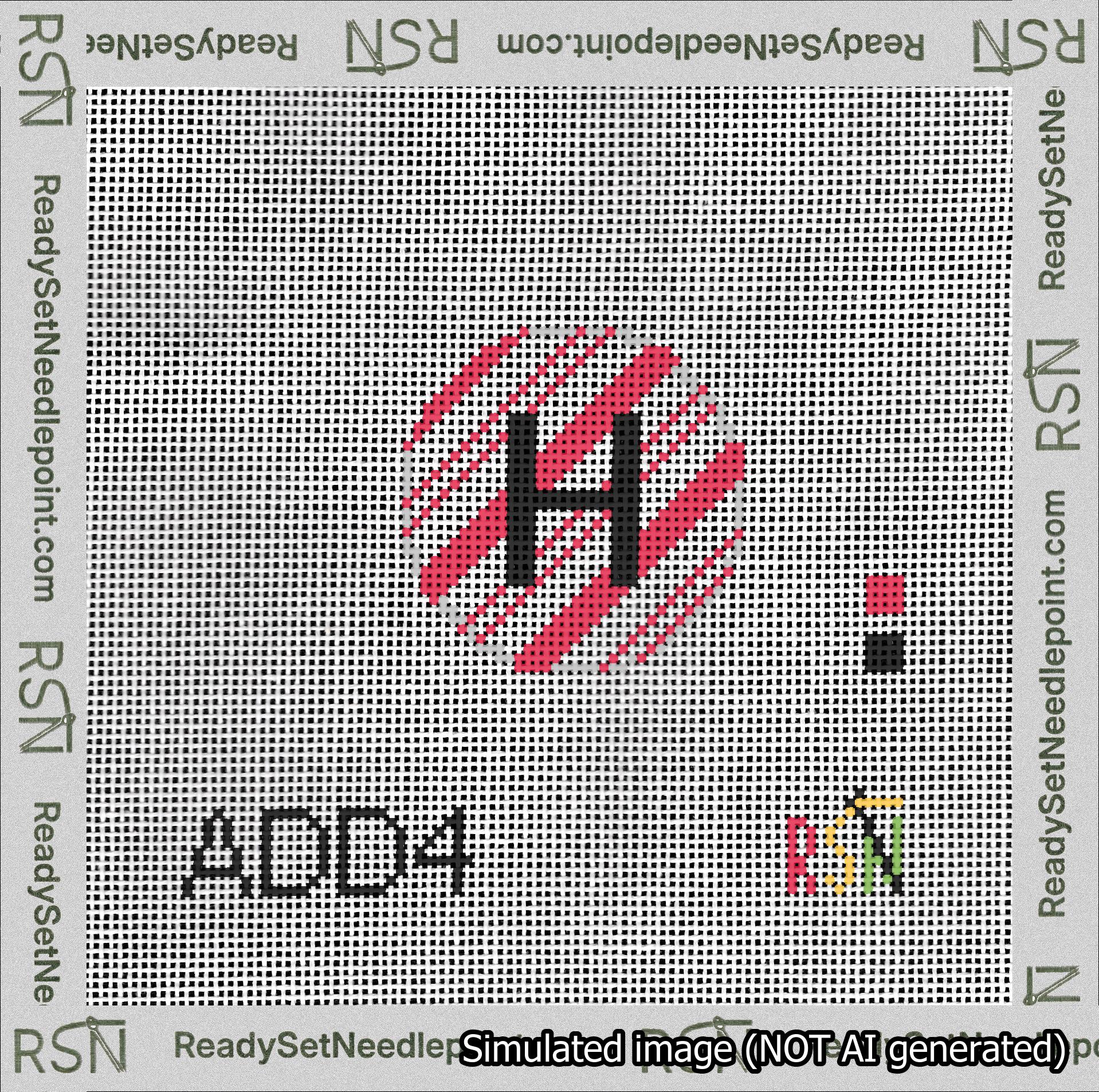 A taped needlepoint canvas with the design: Holiday Circle Initial H Font Black Sans Serif Background Candy Cane Stripe.
