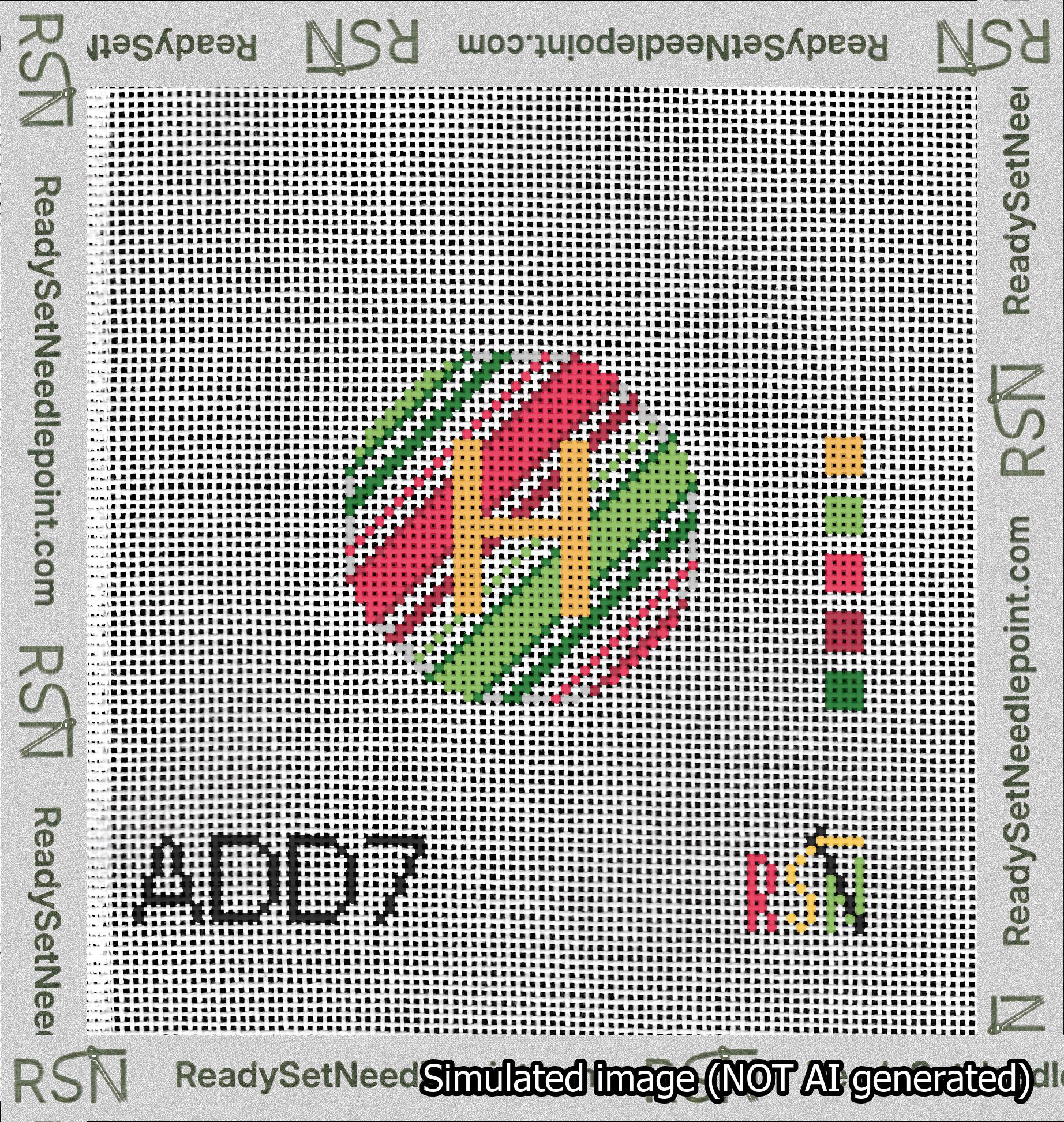 A taped needlepoint canvas with the design: Holiday Circle Initial H Font Gold Sans Serif Background Christmas Stripe.