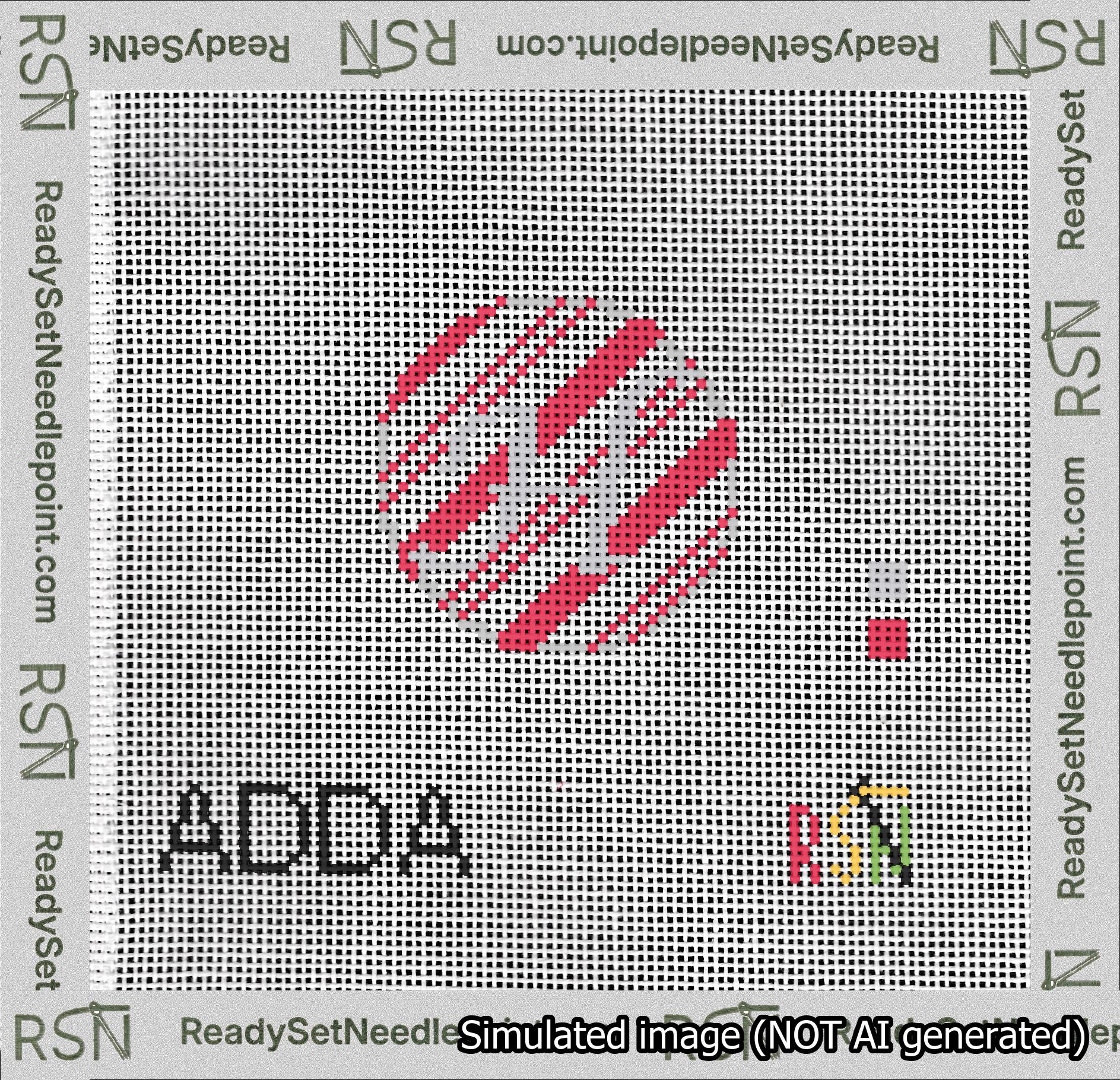 A taped needlepoint canvas with the design: Holiday Circle Initial H Font Silver Script Background Candy Cane Stripe.