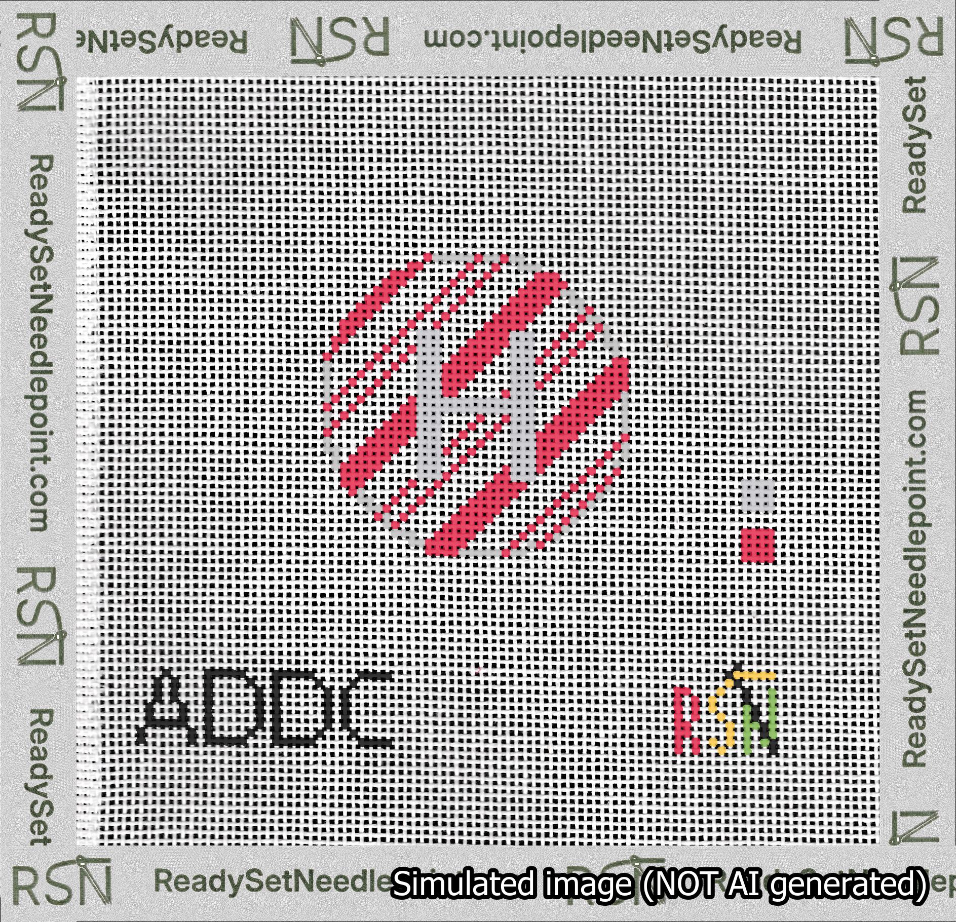 A taped needlepoint canvas with the design: Holiday Circle Initial H Font Silver Sans Serif Background Candy Cane Stripe.