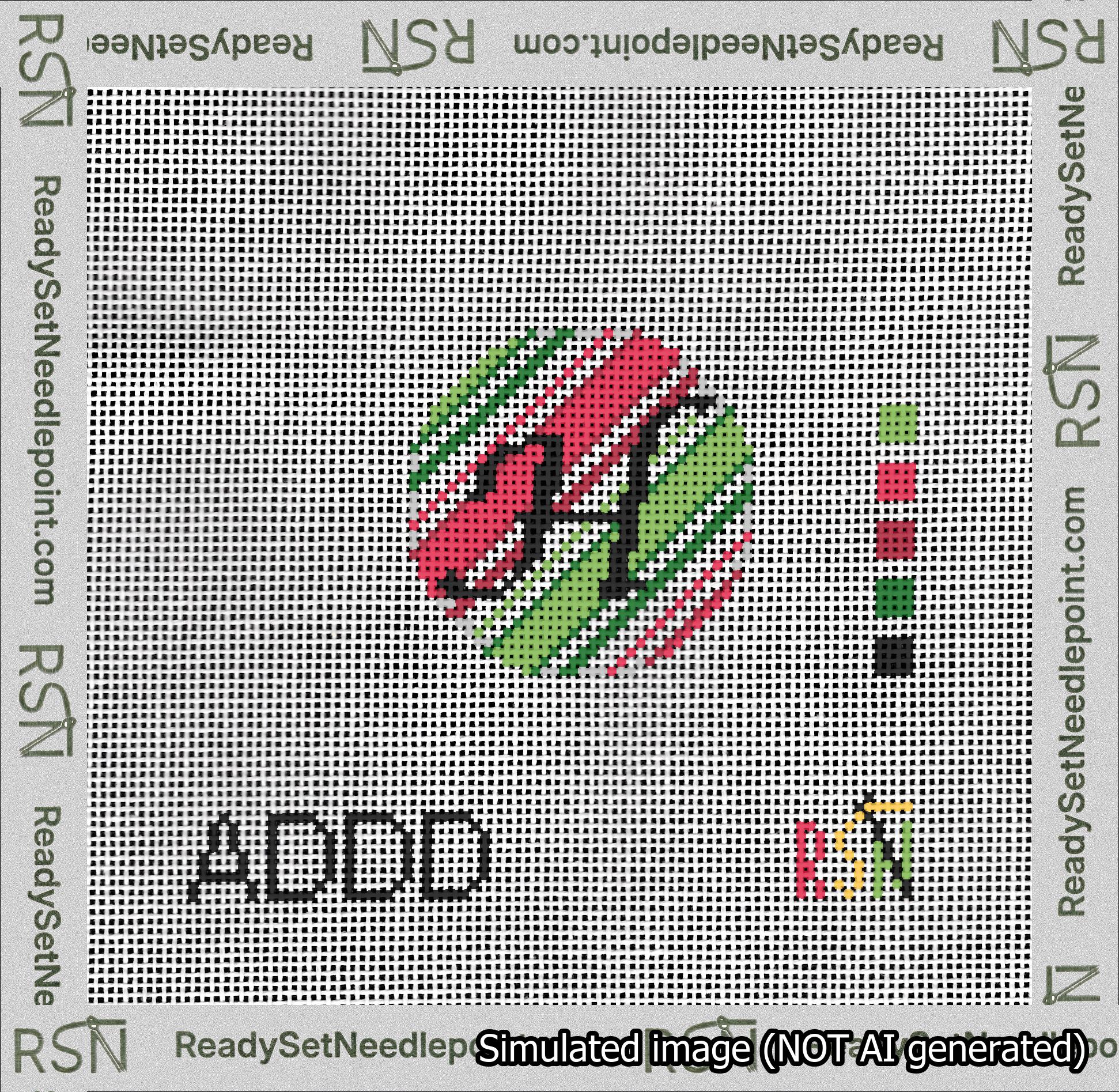 A taped needlepoint canvas with the design: Holiday Circle Initial H Font Black Script Background Christmas Stripe.